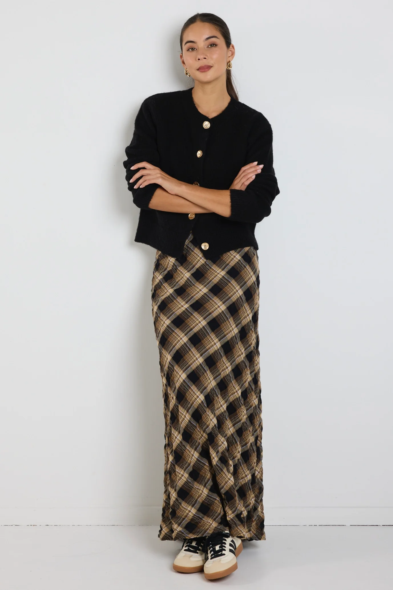 Breathe Caramel Check Bias Maxi Skirt