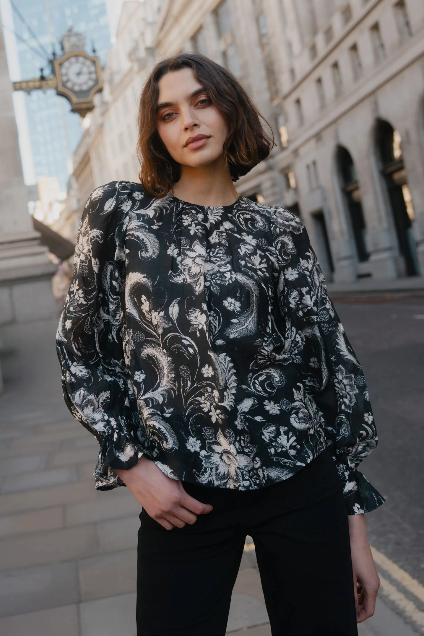 Briefly Black Scrolling Foliage Frill Sleeve Crew Neck Top