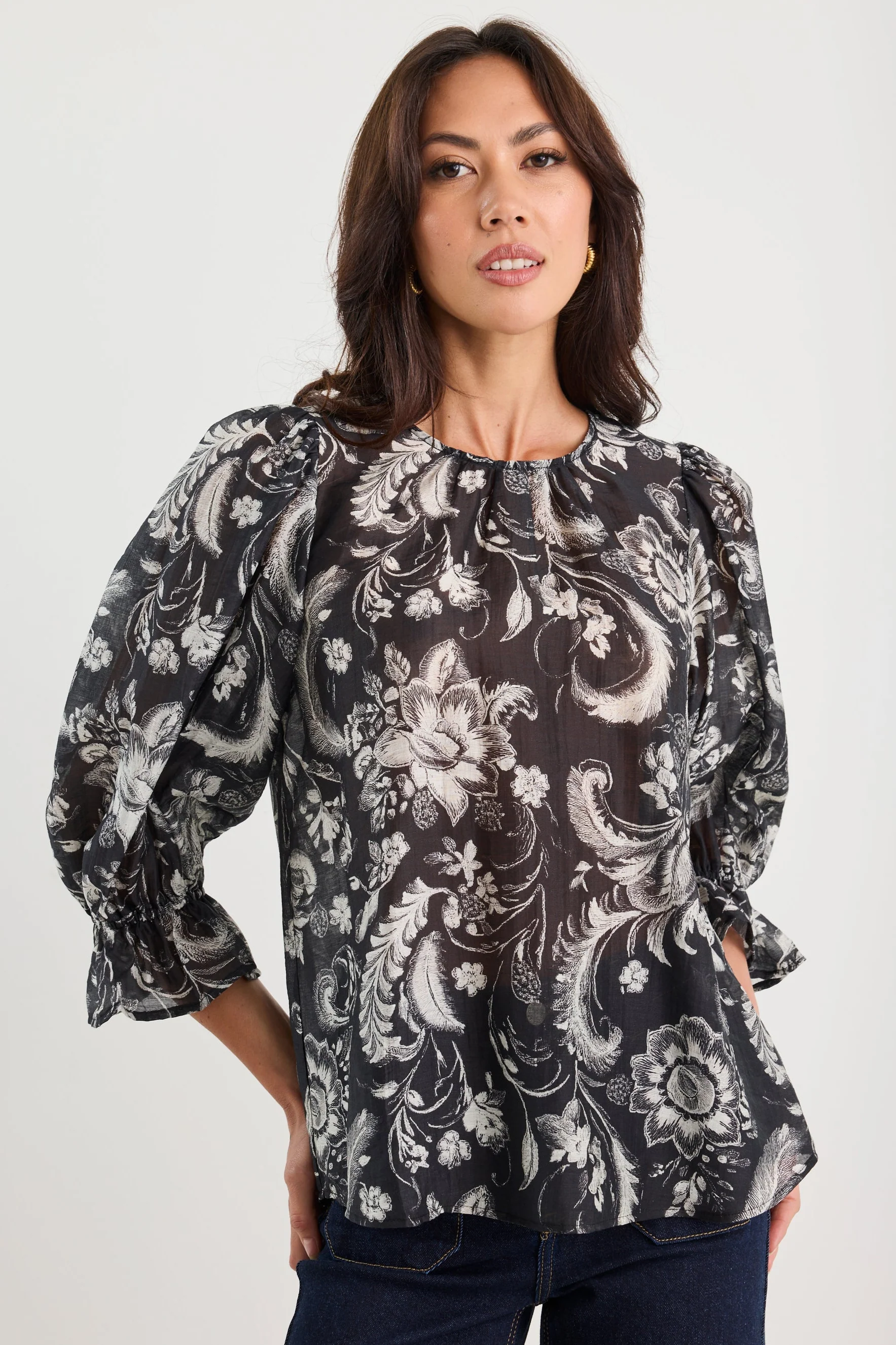 Briefly Black Scrolling Foliage Frill Sleeve Crew Neck Top - Image 2