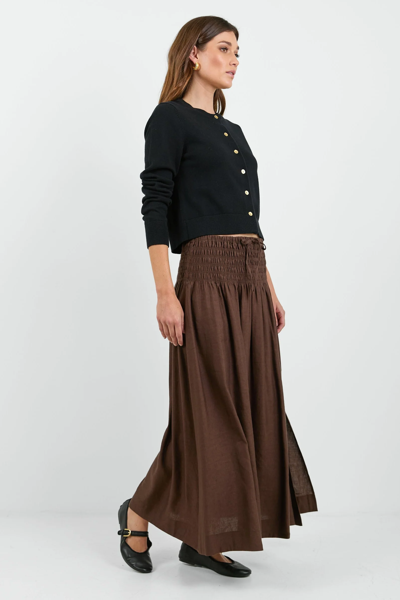 Byron Chocolate Linen Blend Shirred Waist Maxi Skirt