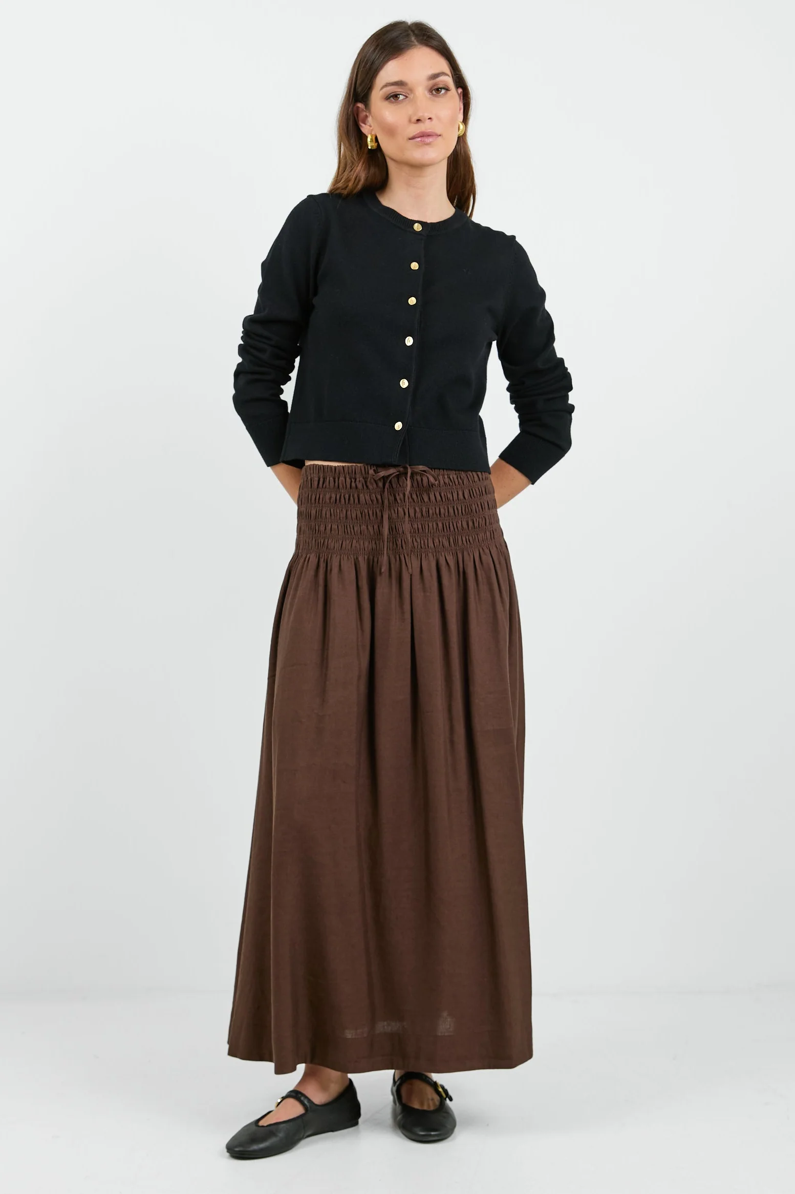 Byron Chocolate Linen Blend Shirred Waist Maxi Skirt - Image 2