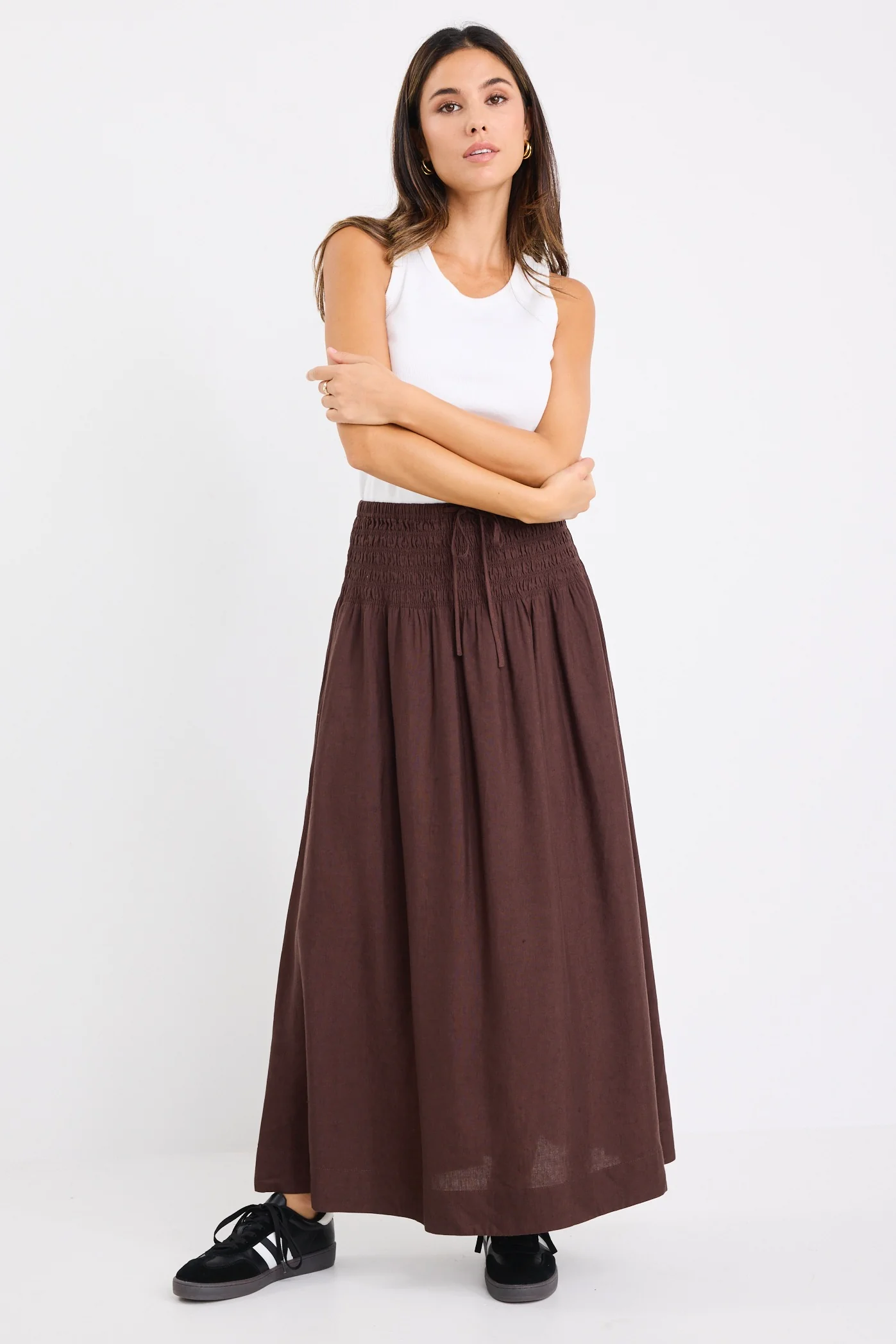 Byron Chocolate Linen Blend Shirred Waist Maxi Skirt - Image 3