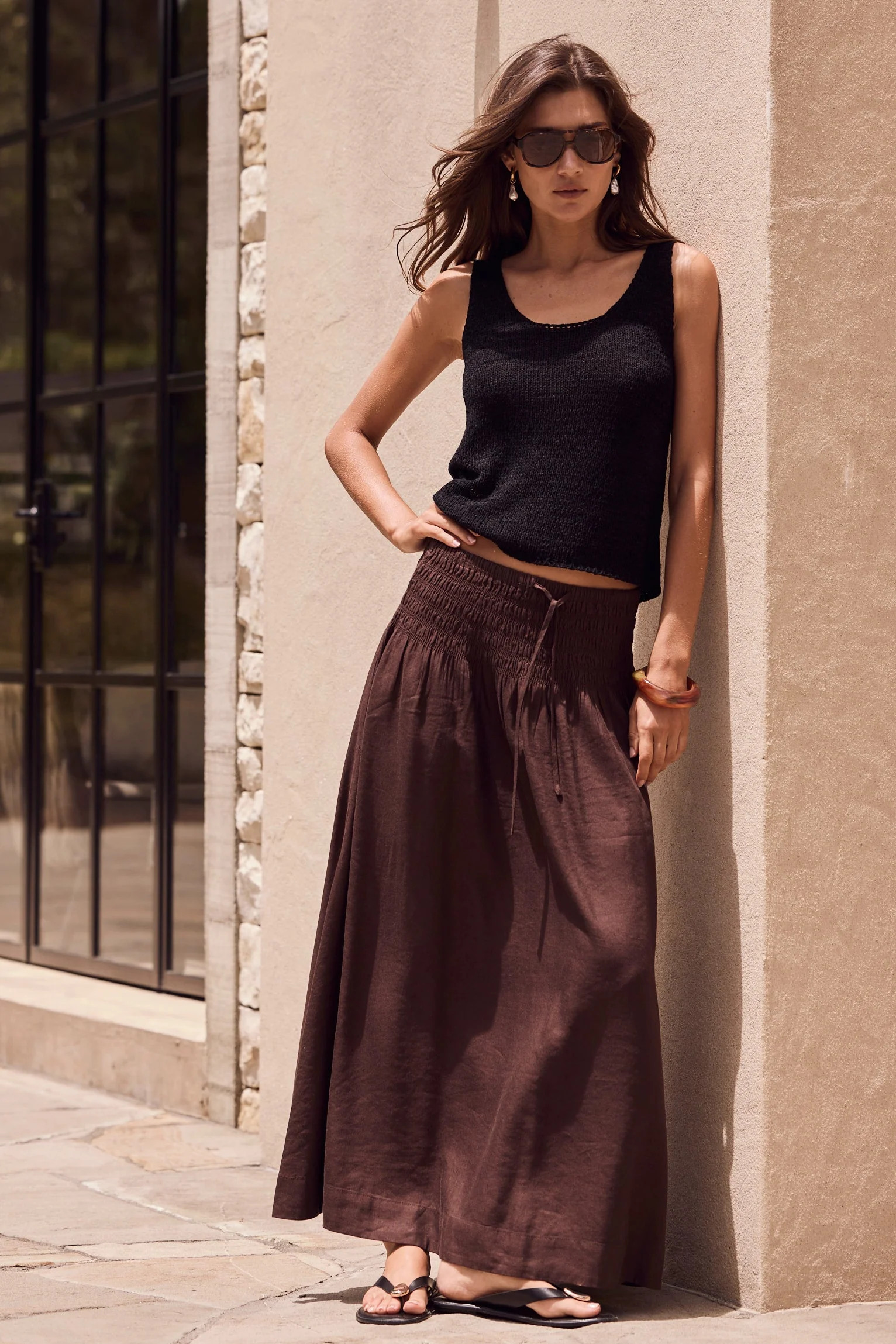 Byron Chocolate Linen Blend Shirred Waist Maxi Skirt - Image 4