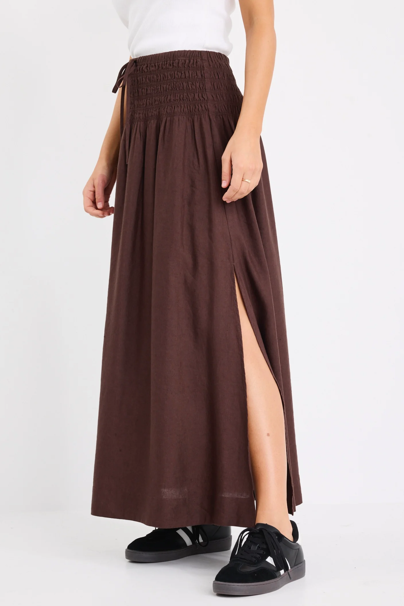 Byron Chocolate Linen Blend Shirred Waist Maxi Skirt - Image 5