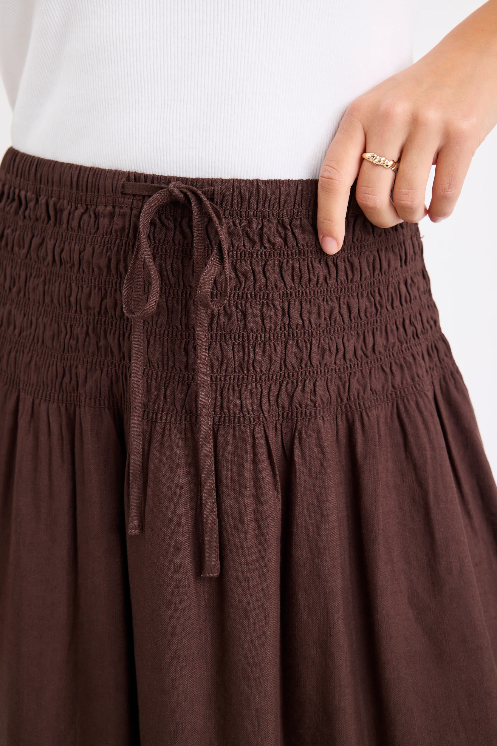 Byron Chocolate Linen Blend Shirred Waist Maxi Skirt - Image 6