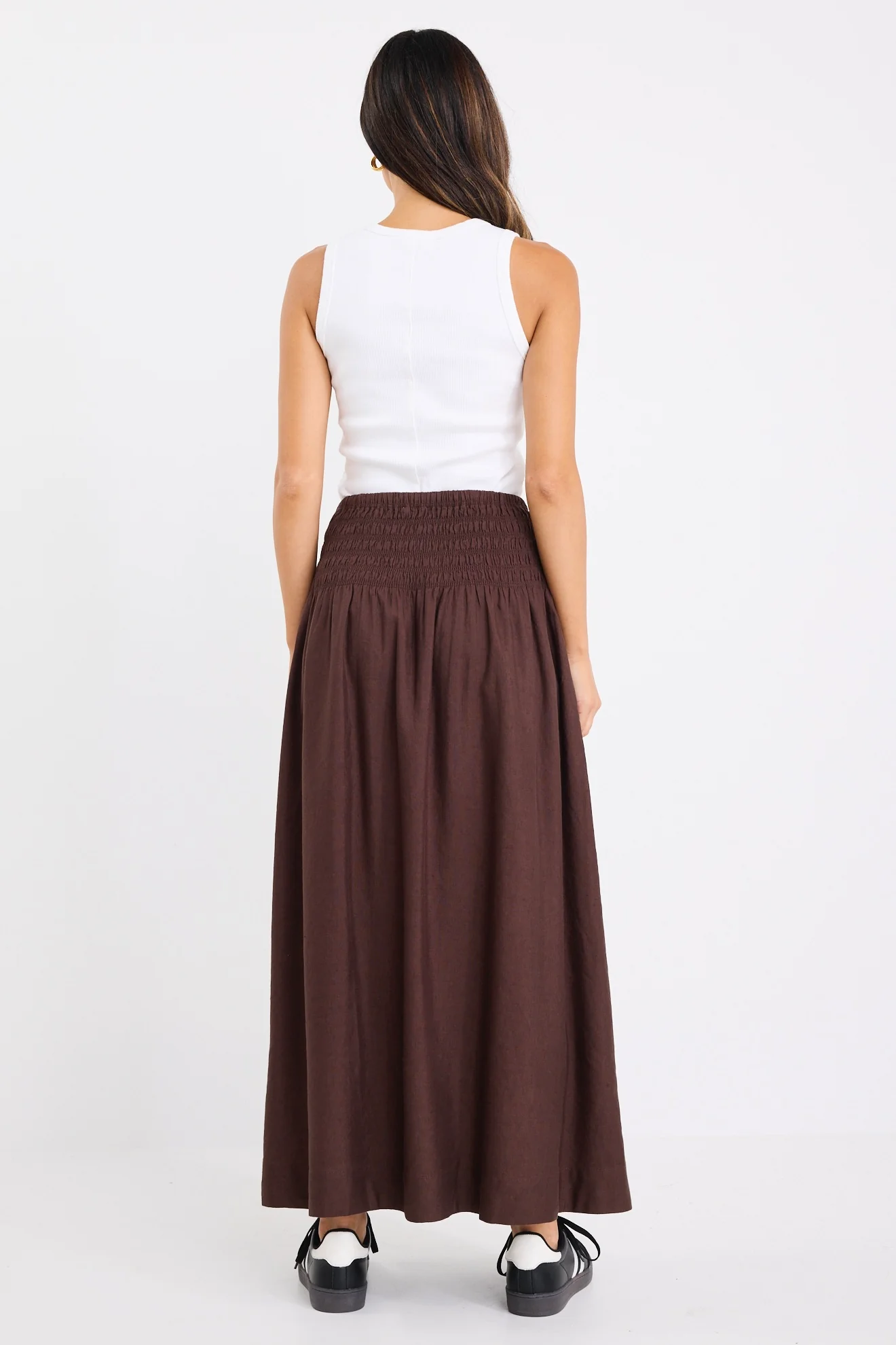 Byron Chocolate Linen Blend Shirred Waist Maxi Skirt - Image 7