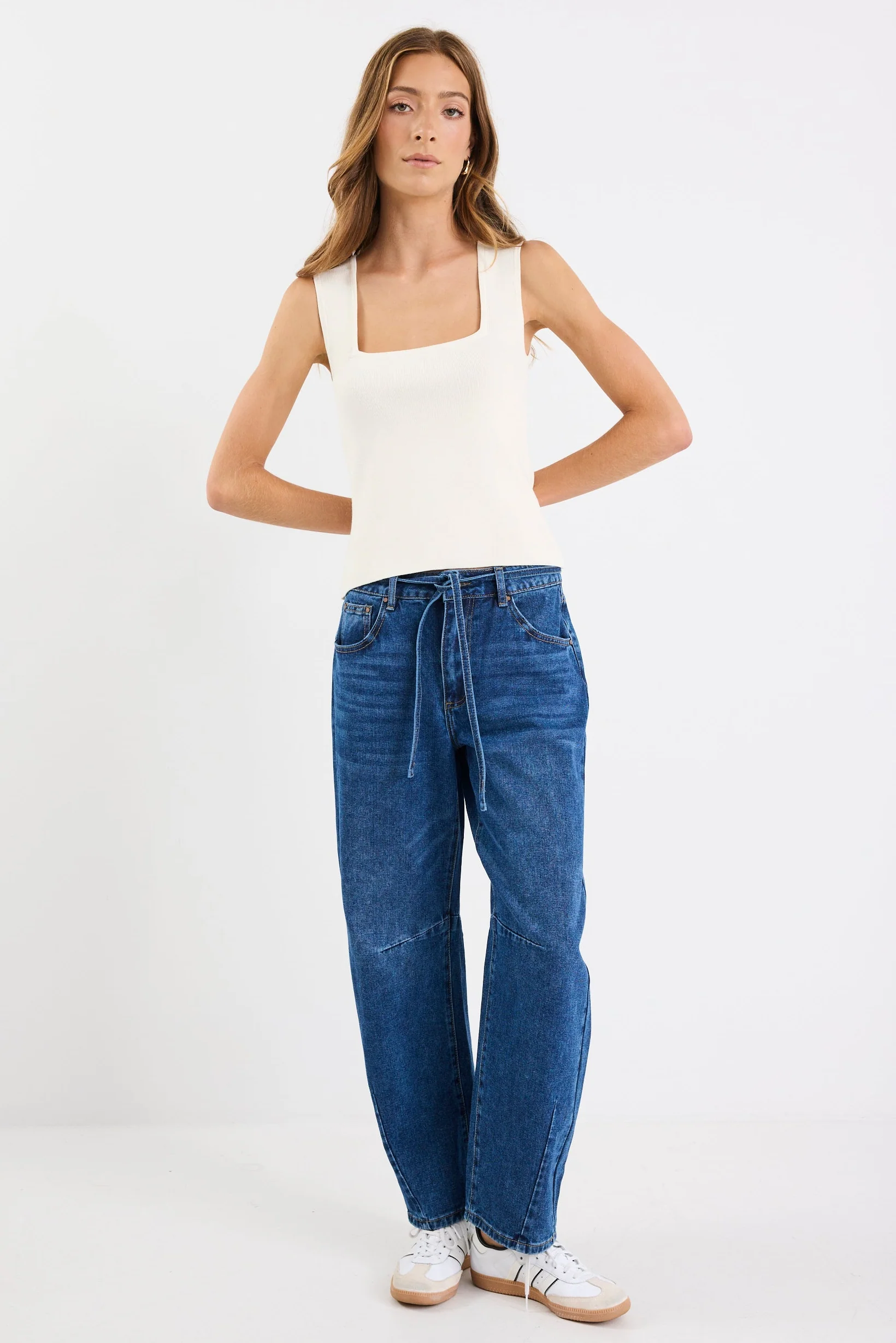 Campus Deep Blue Tie Waist Barrel Jeans