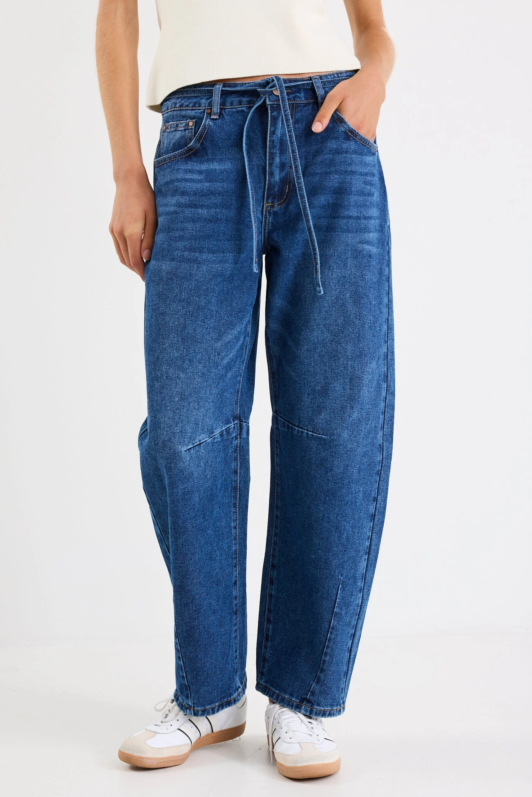 Campus Deep Blue Tie Waist Barrel Jeans - Image 3