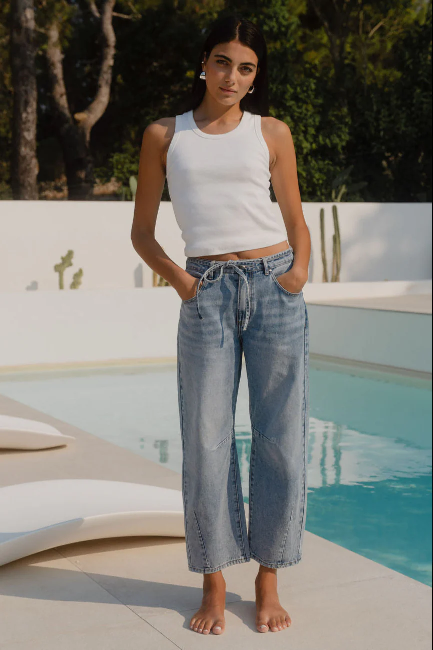Campus Light Blue Tie Waist Barrel Jeans - Image 2