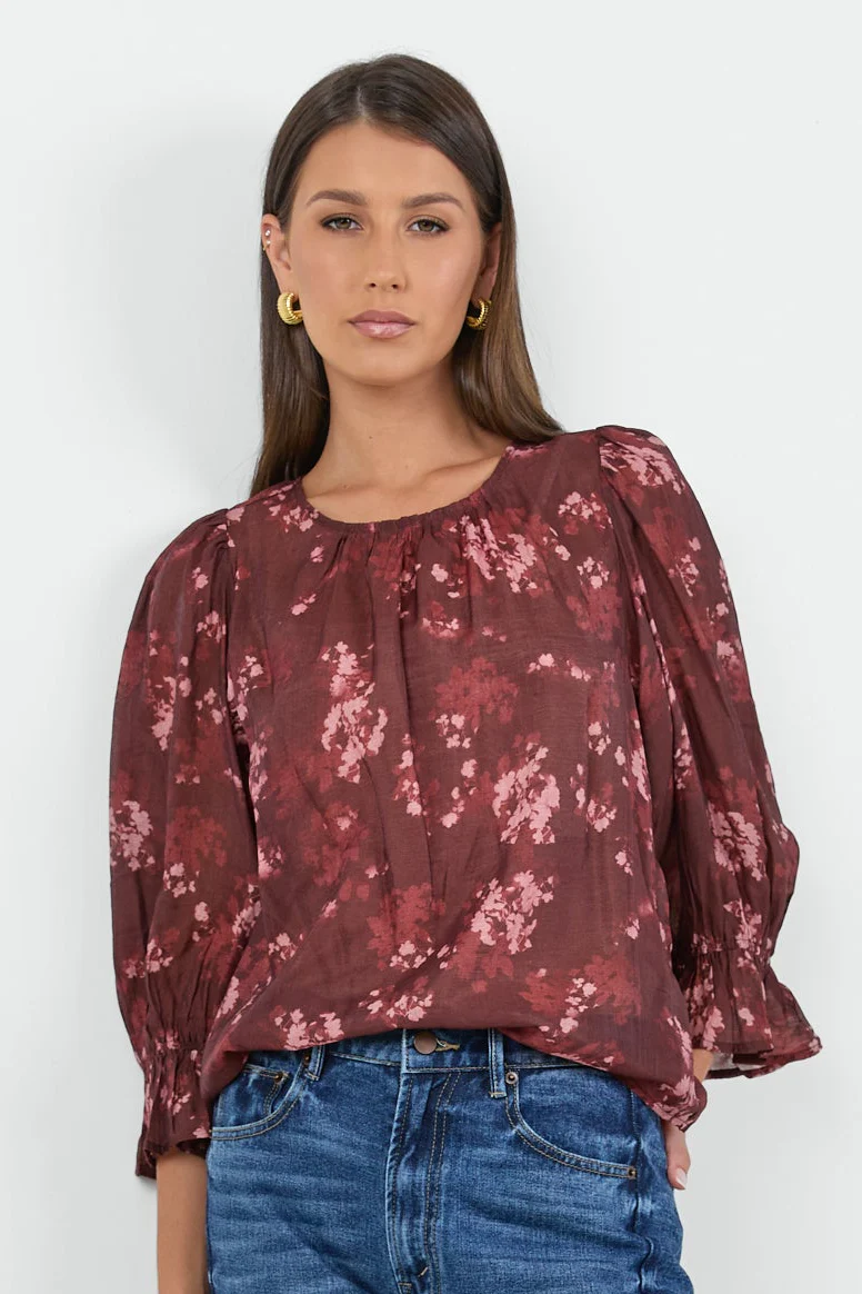 Candid Plum Smudge Floral Frill Sleeve Crew Neck Top