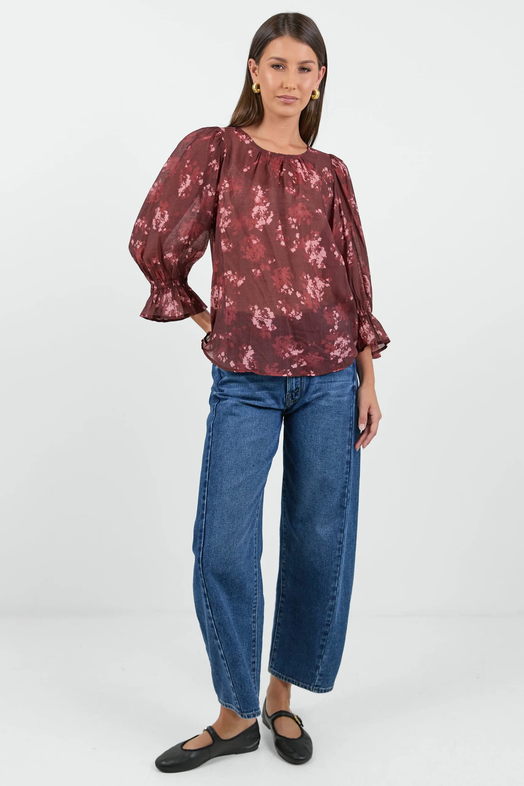 Candid Plum Smudge Floral Frill Sleeve Crew Neck Top - Image 2