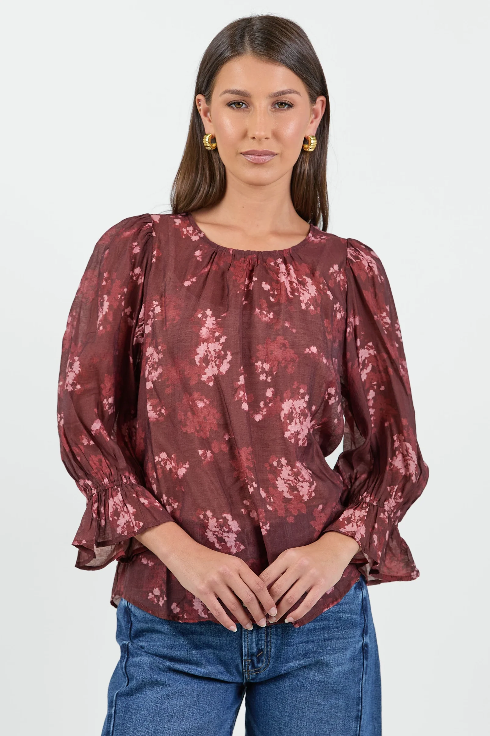 Candid Plum Smudge Floral Frill Sleeve Crew Neck Top - Image 3