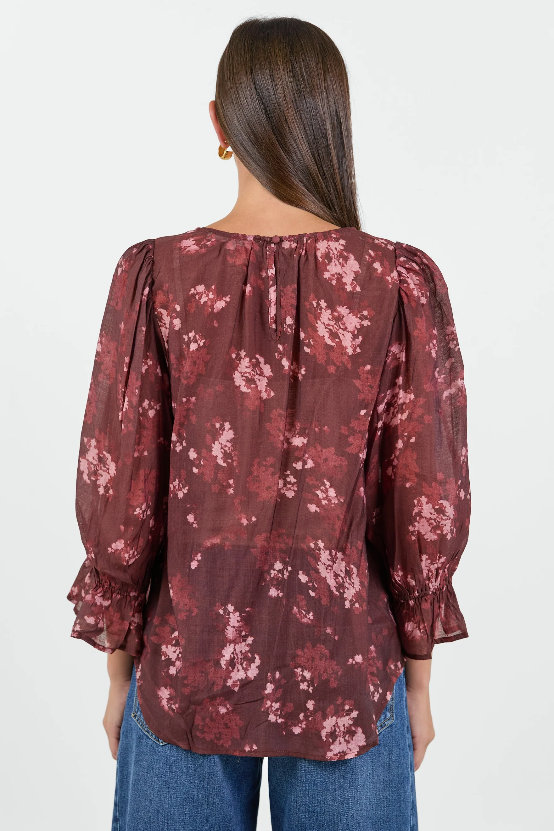 Candid Plum Smudge Floral Frill Sleeve Crew Neck Top - Image 4