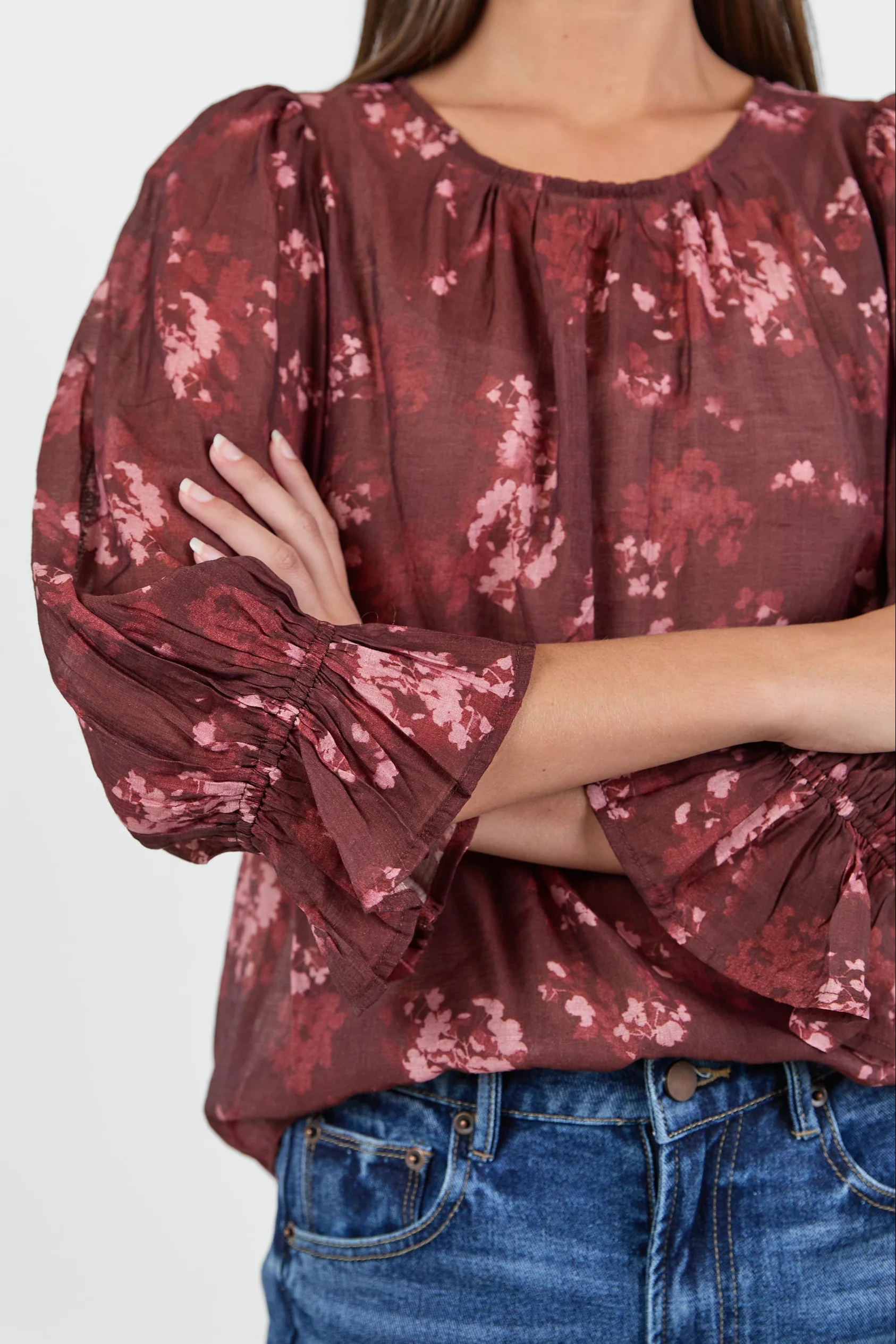 Candid Plum Smudge Floral Frill Sleeve Crew Neck Top - Image 5