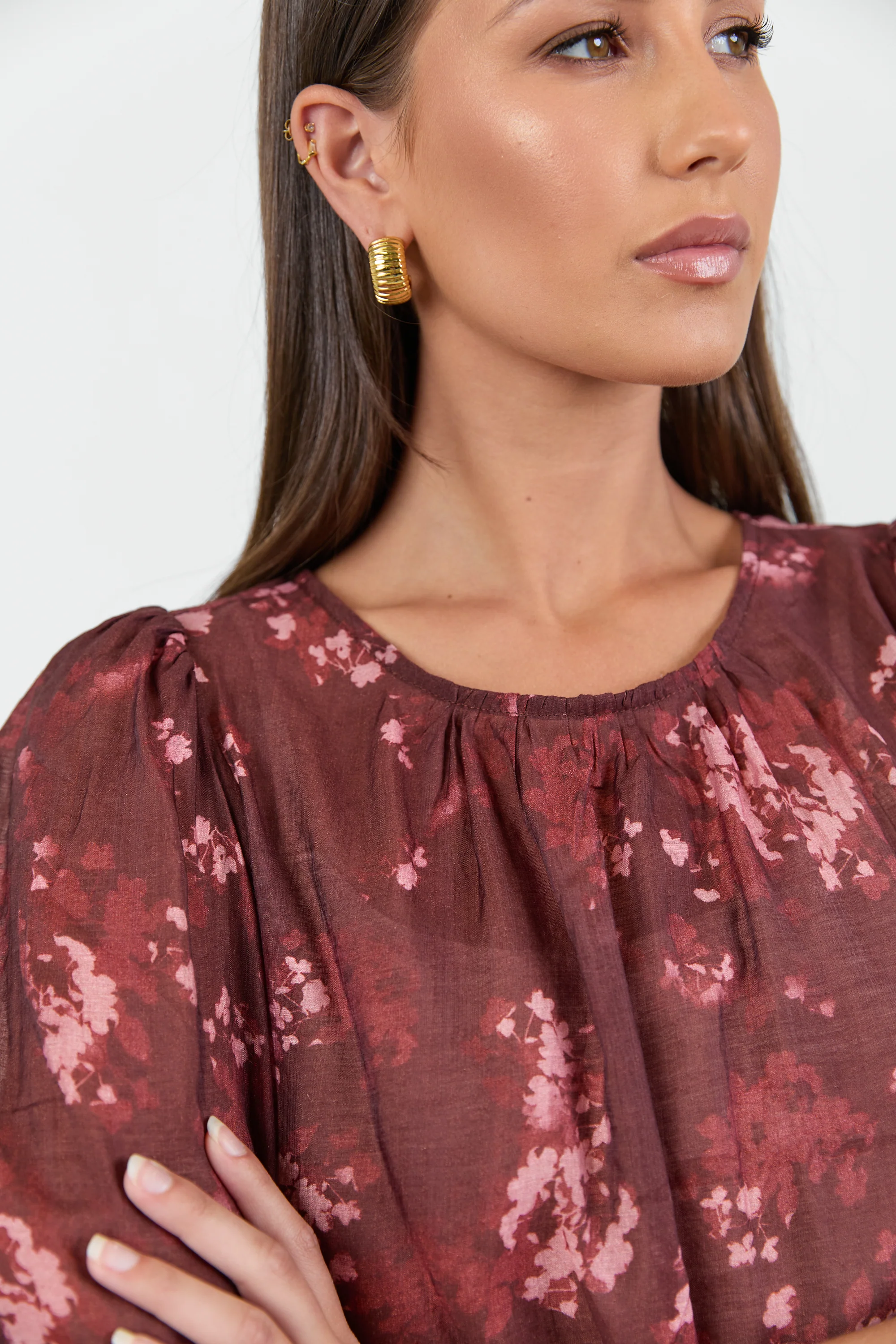 Candid Plum Smudge Floral Frill Sleeve Crew Neck Top - Image 6
