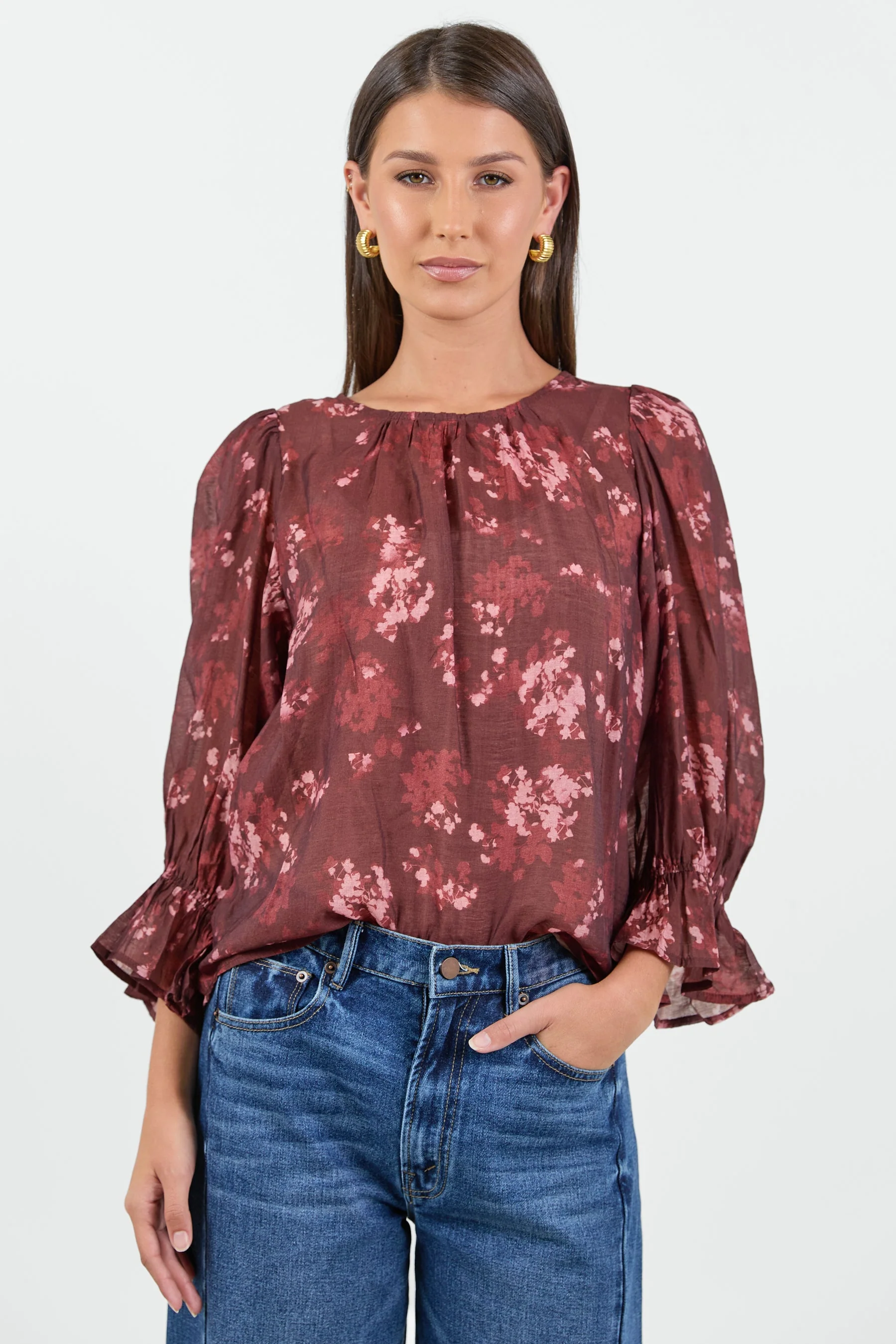 Candid Plum Smudge Floral Frill Sleeve Crew Neck Top - Image 8