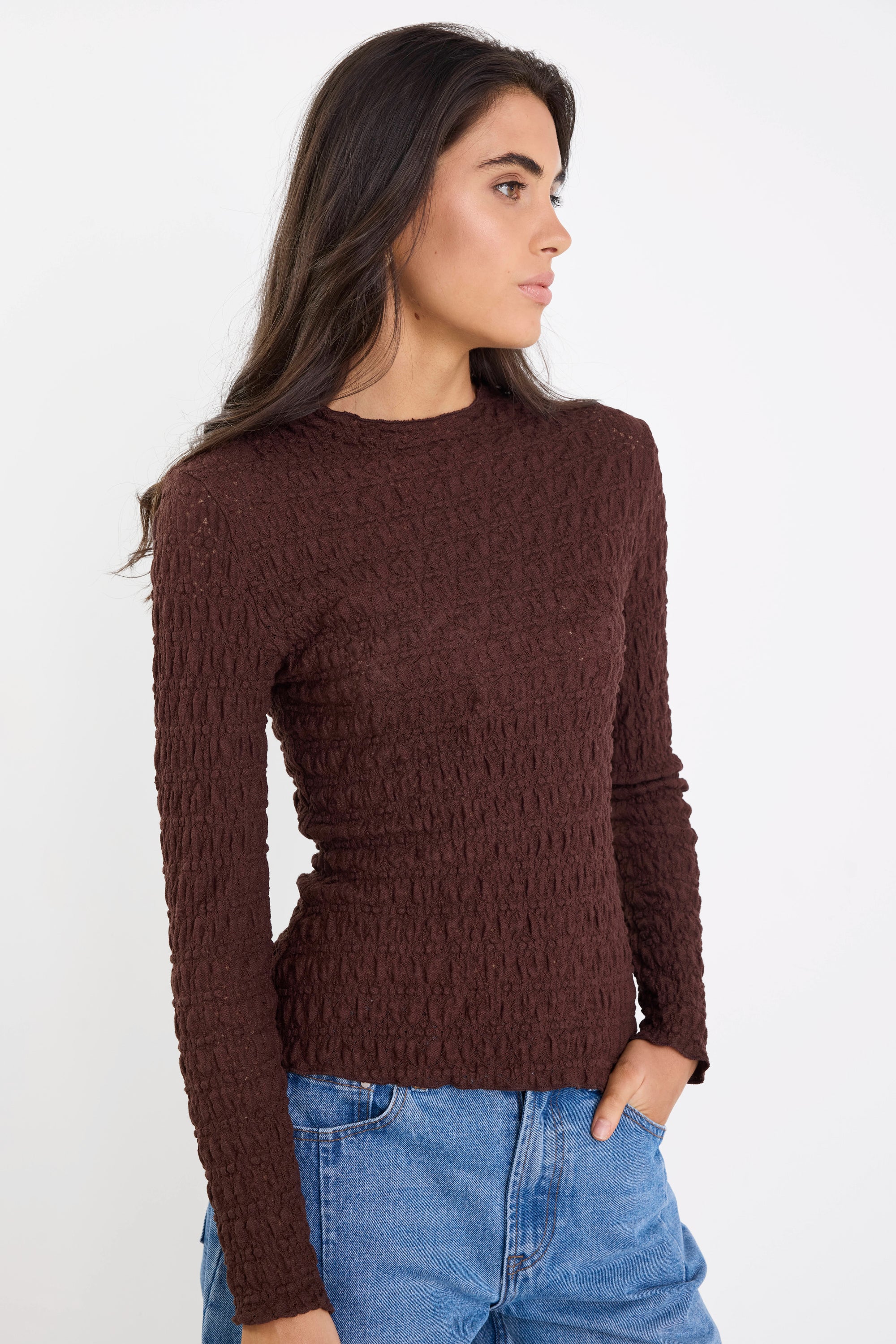 Captive Chocolate Lace Knit Long Sleeved Top - Image 2