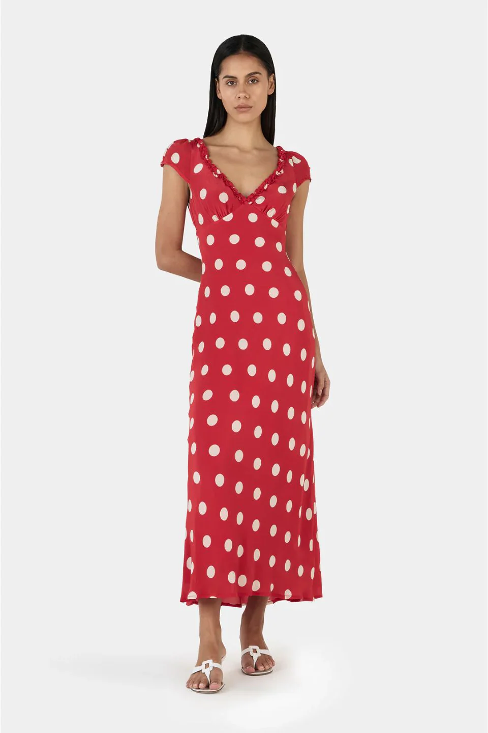 Carlita Red Polka SS Back Tie Midi Dress - Image 3
