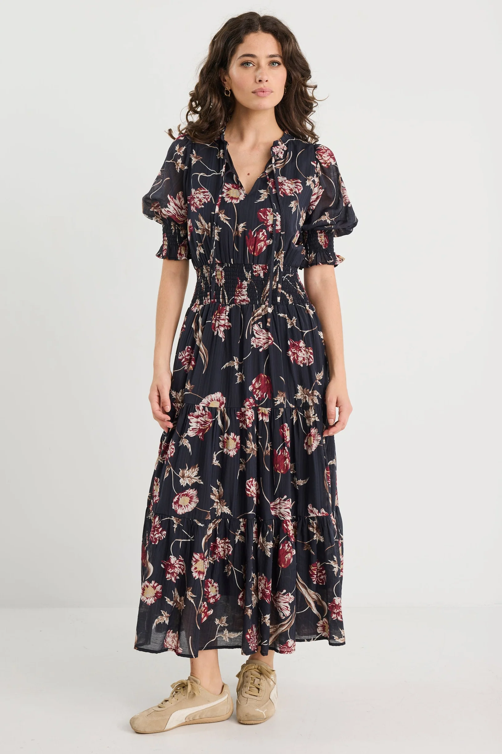 Charmant Black Wildflowers SS V Neck Tiered Midi Dress