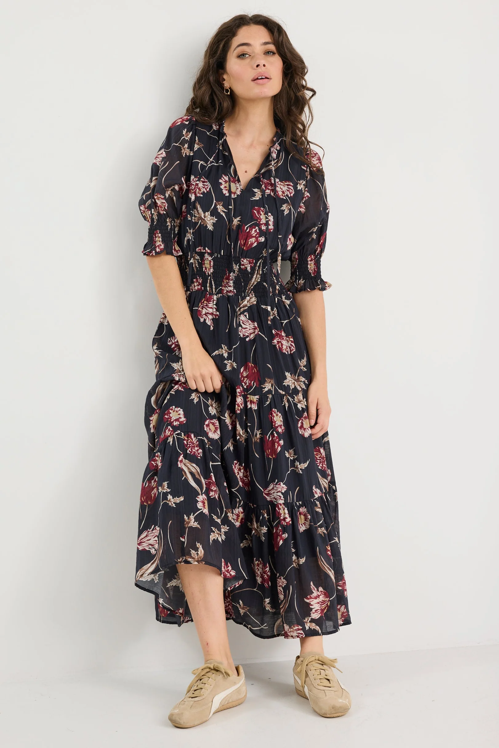 Charmant Black Wildflowers SS V Neck Tiered Midi Dress - Image 3