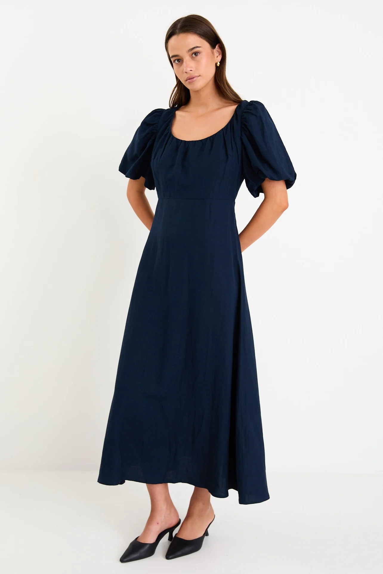 Chorus Navy Puff Sleeve Scoop Neck Floaty Maxi Dress - Image 2