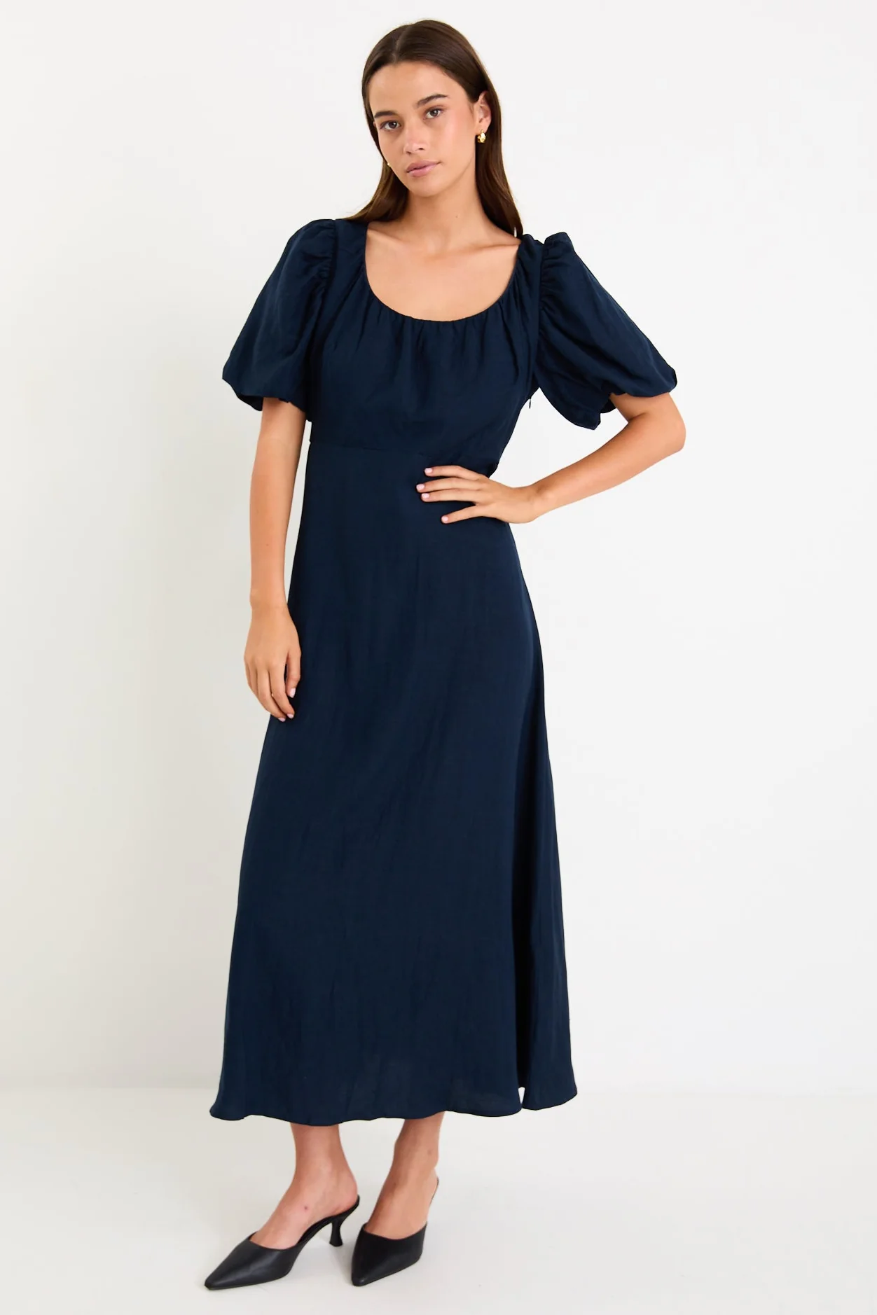 Chorus Navy Puff Sleeve Scoop Neck Floaty Maxi Dress - Image 3