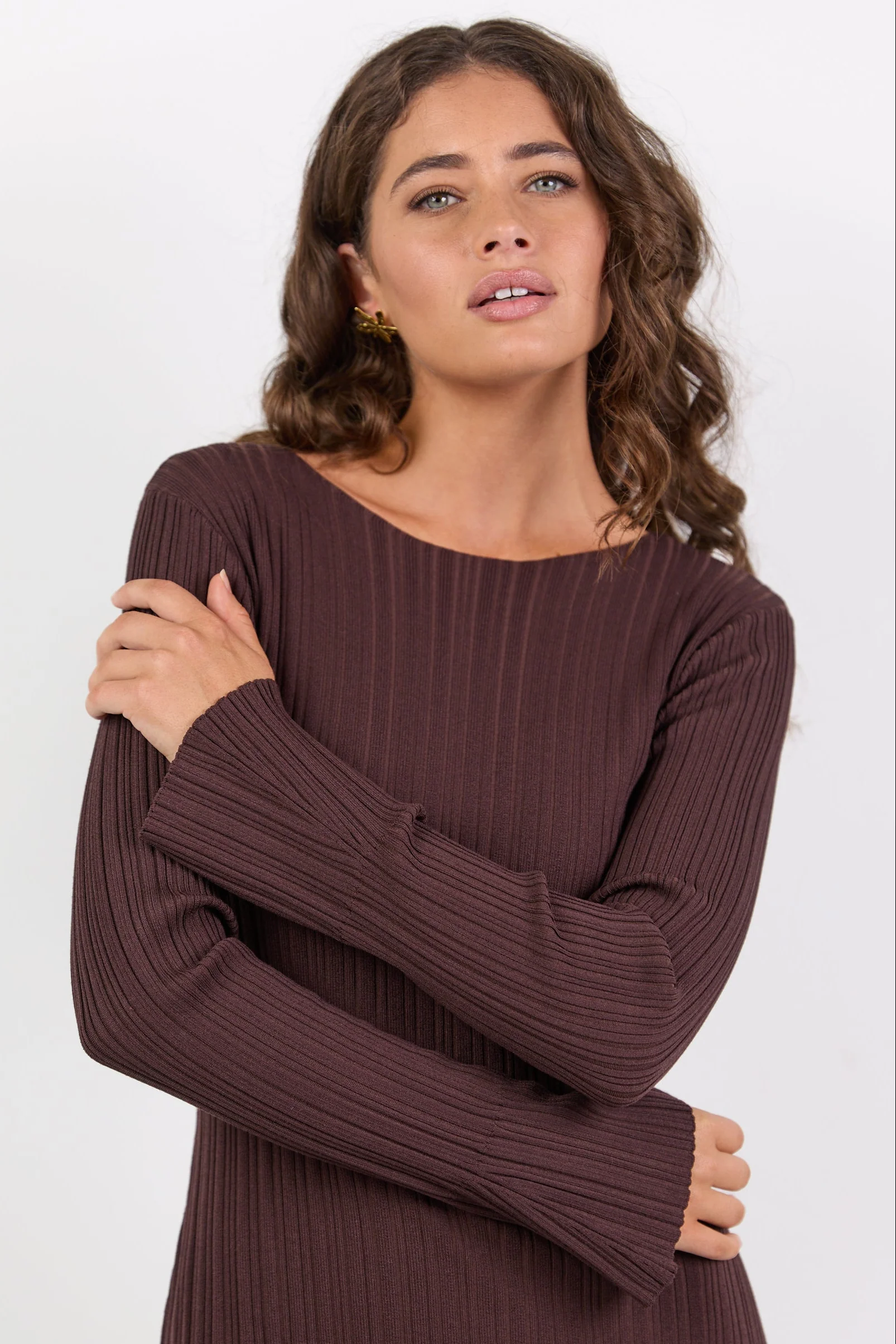 Cinder Chocolate Boat Neck Rib Knit Long Sleeve Knit Maxi Dress - Image 3
