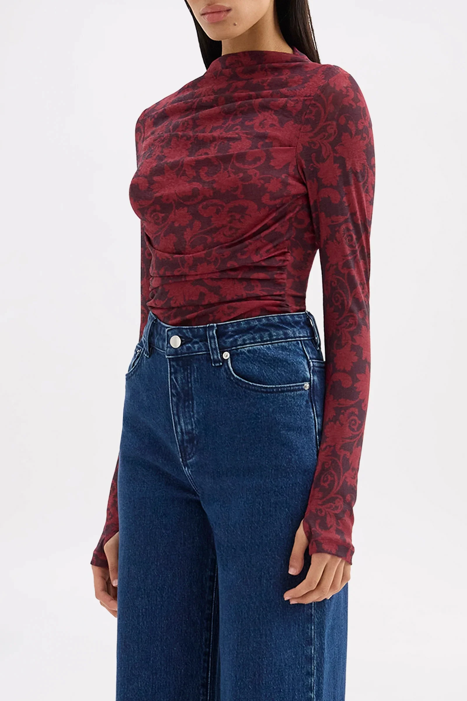 Clementine Berry Print Ruched Front LS Mesh Top - Image 2