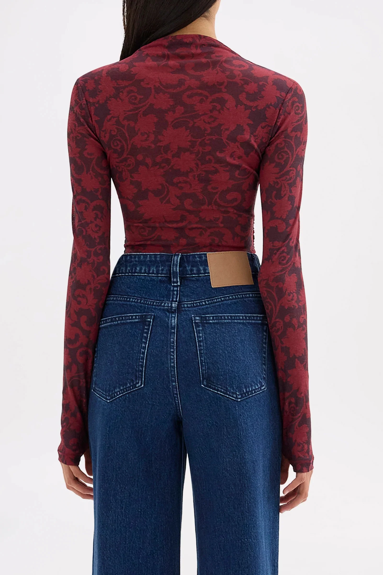 Clementine Berry Print Ruched Front LS Mesh Top - Image 3