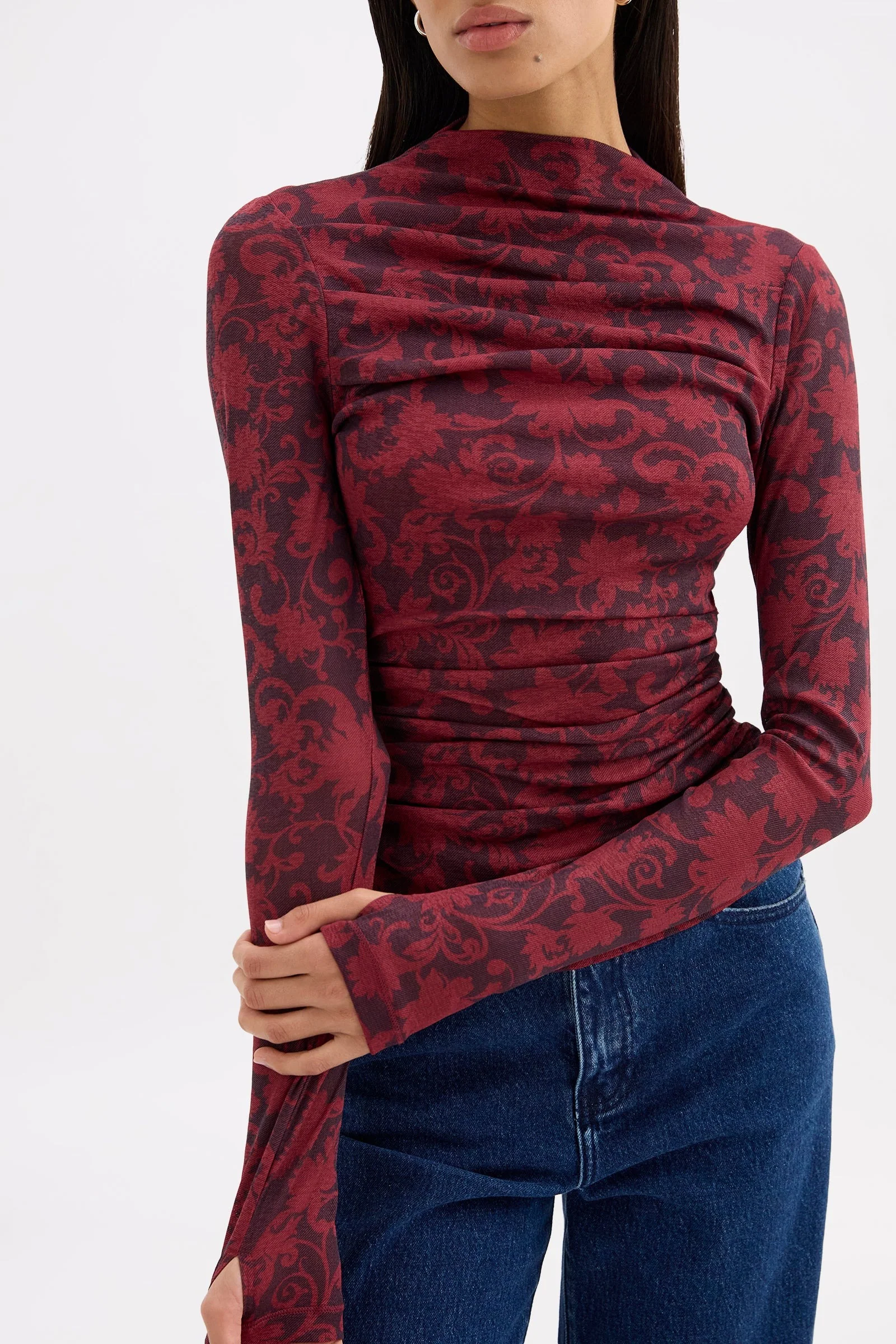 Clementine Berry Print Ruched Front LS Mesh Top - Image 4