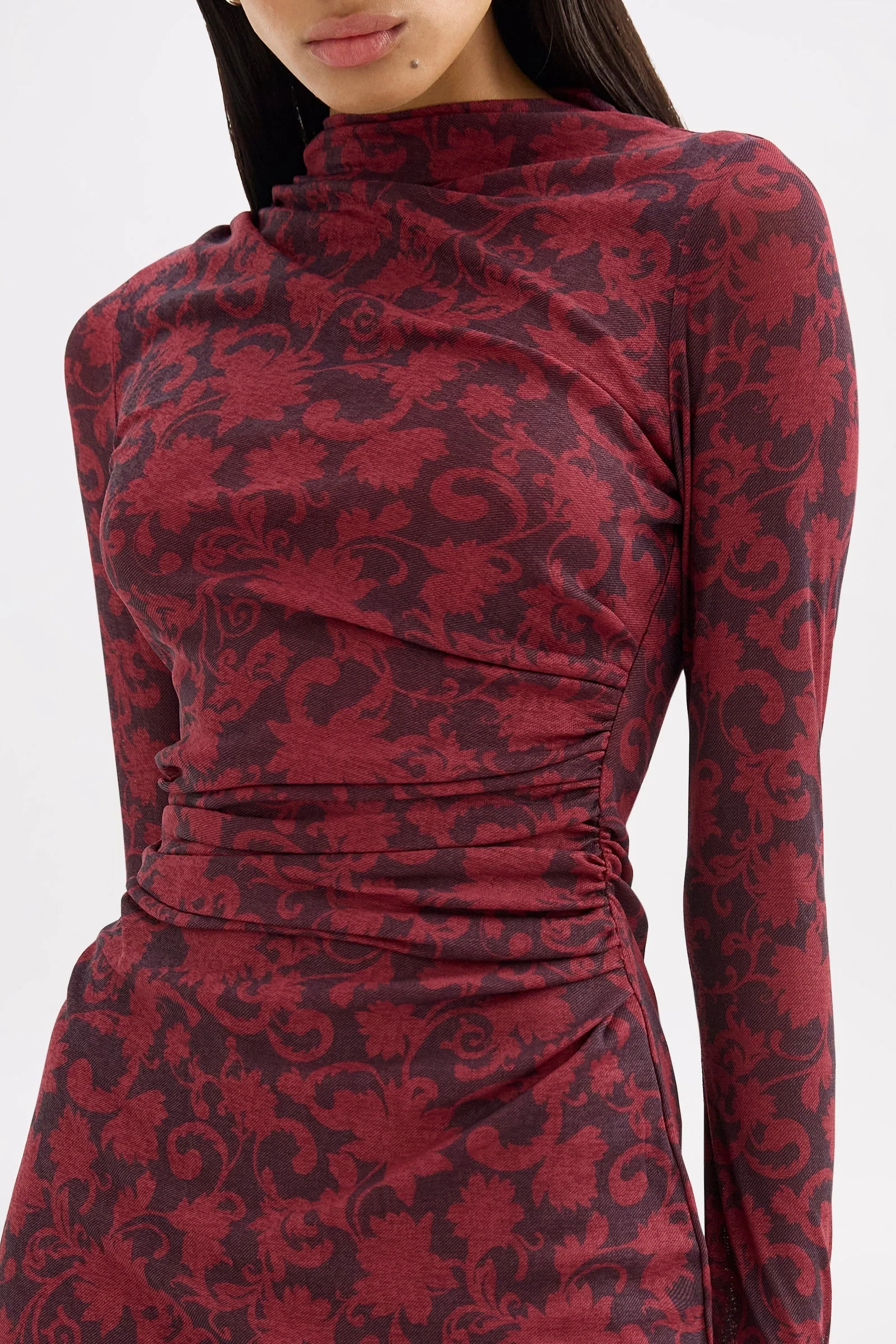 Clementine Berry Print Ruched Side LS Mesh Mini Dress - Image 2