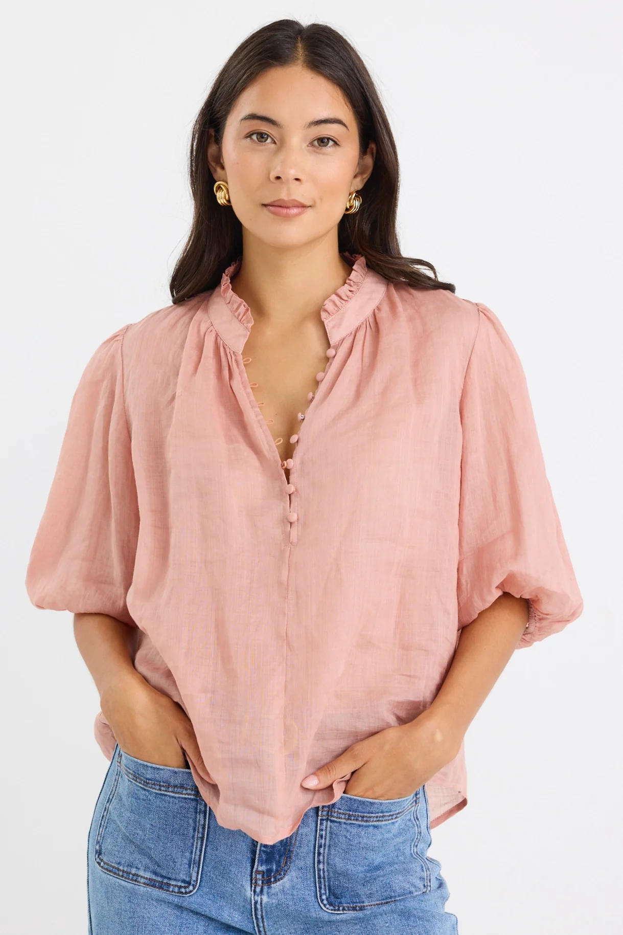 Closure Blush Ramie High Neck Buttoned SS Top - Image 5