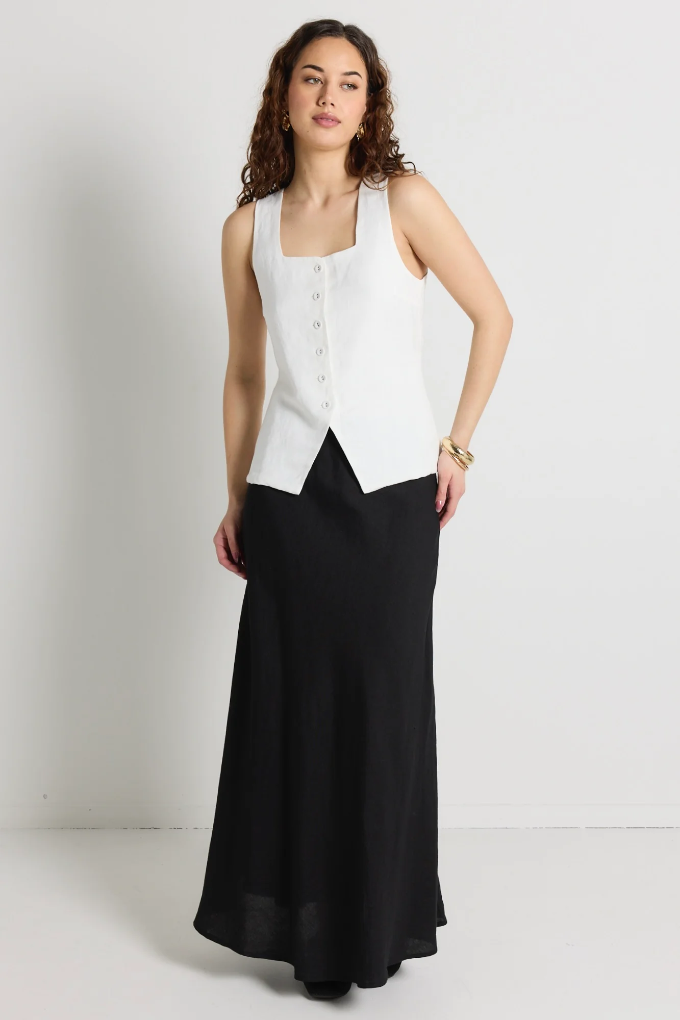 Coastal Ivory Linen Viscose Longline Square Neck Vest - Image 3