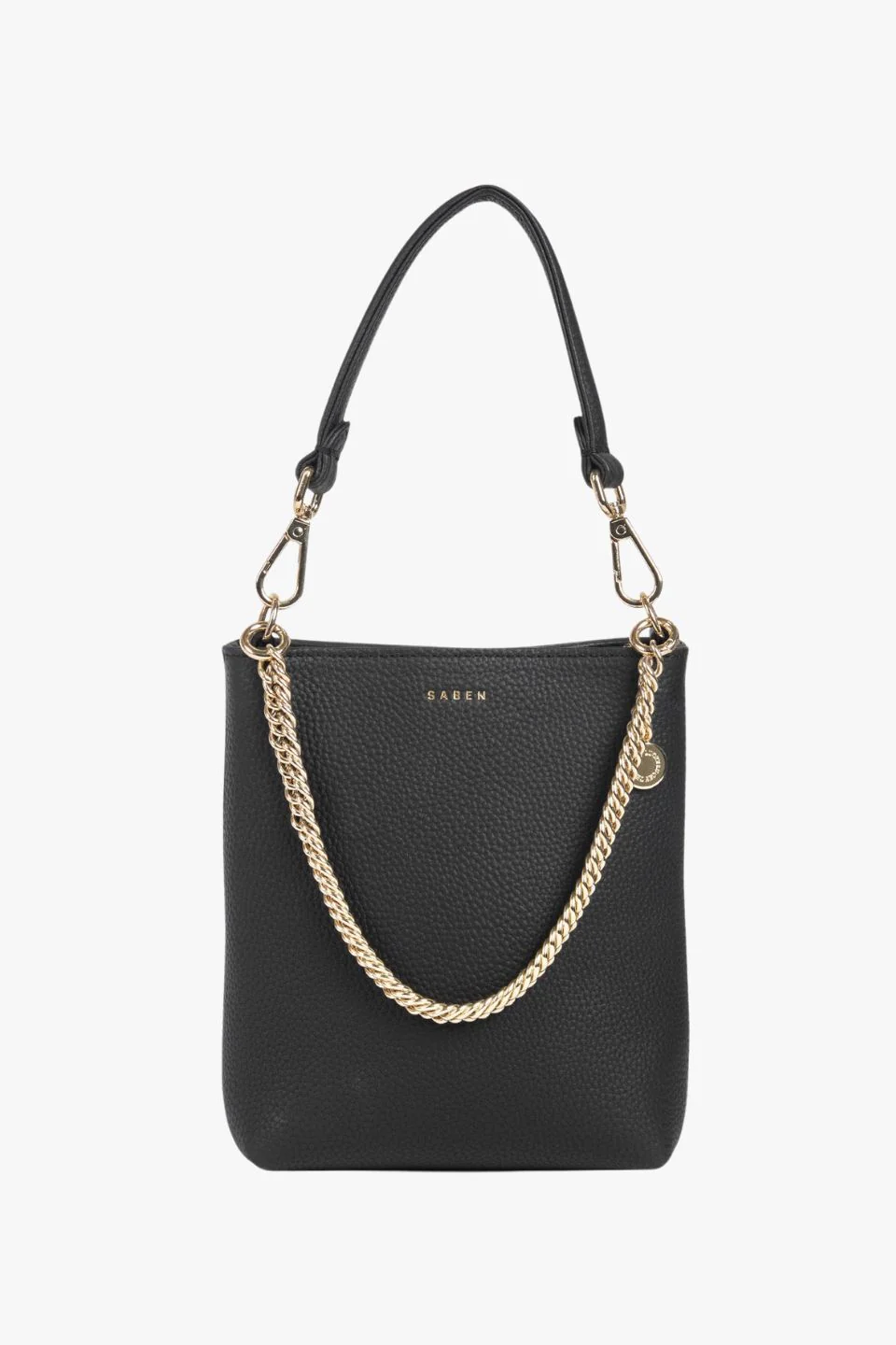 Coco Black Leather Bucket Bag with Gold Chain Detailing