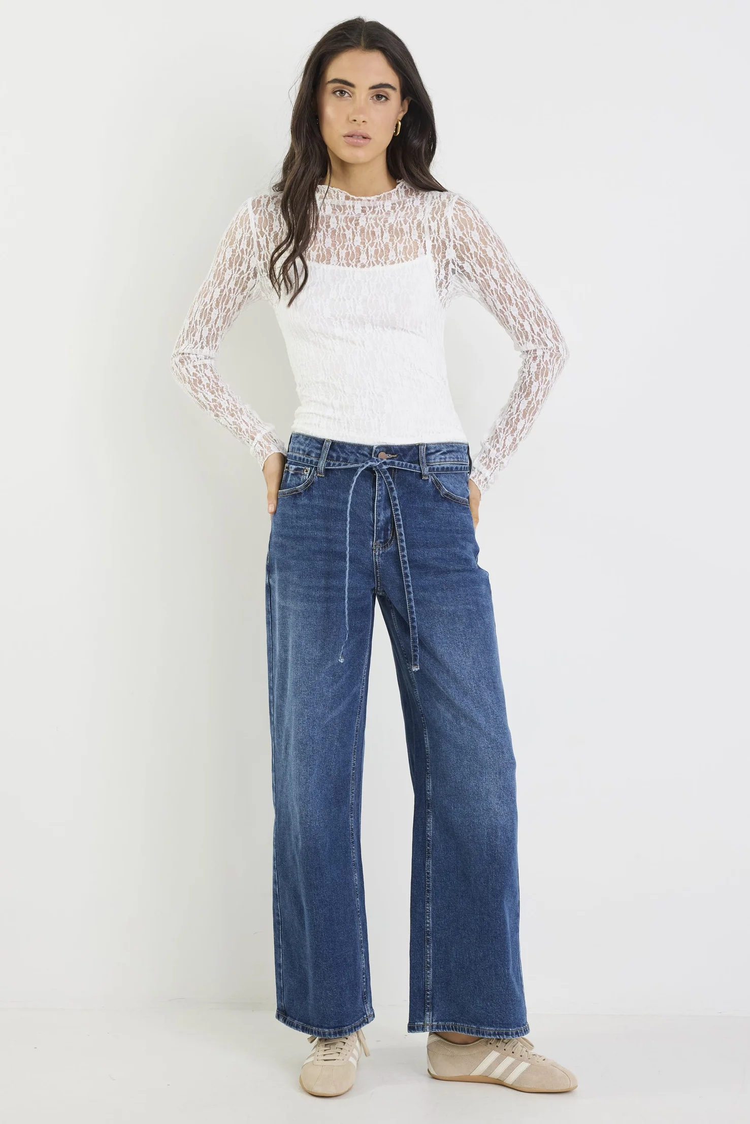 College Deep Blue Wide Leg Tie Belt Jean