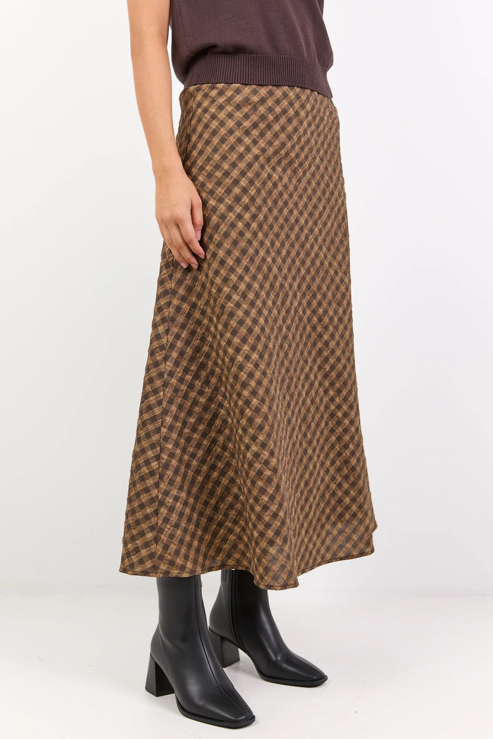 Companion Chocolate Caramel Check Cotton Blend Bias Maxi Skirt - Image 6
