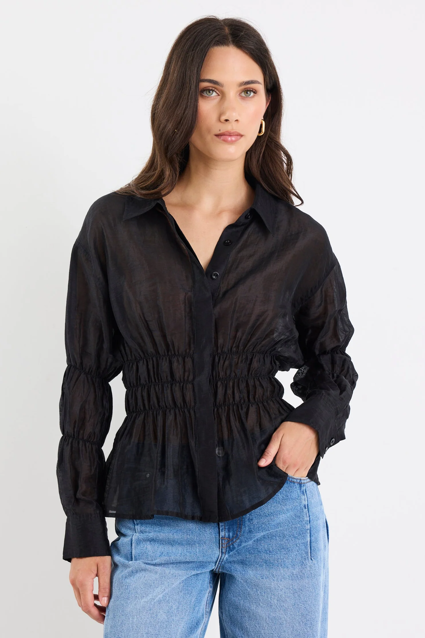 Composite Black Sheer Shirred Body Shirt