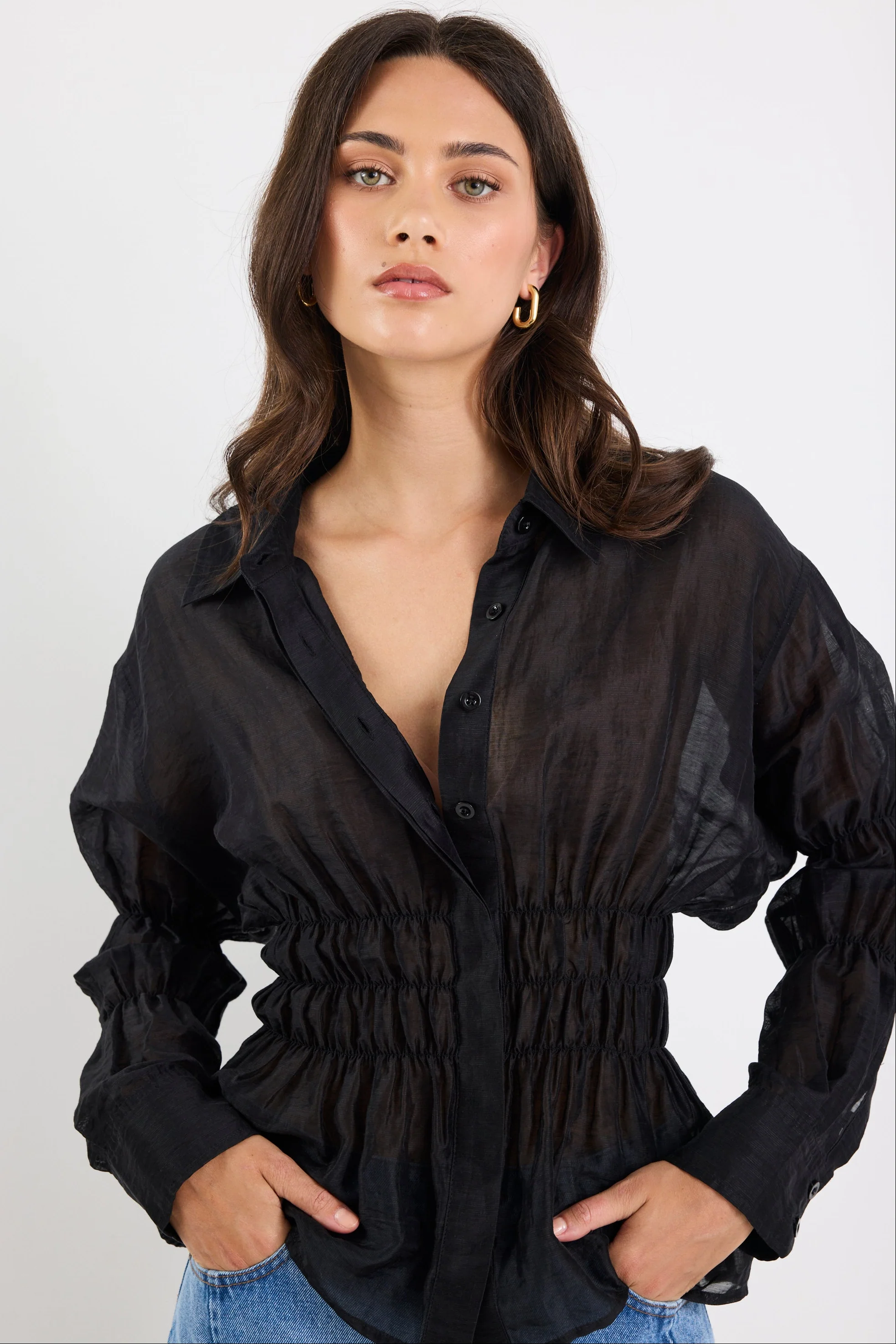 Composite Black Sheer Shirred Body Shirt - Image 3
