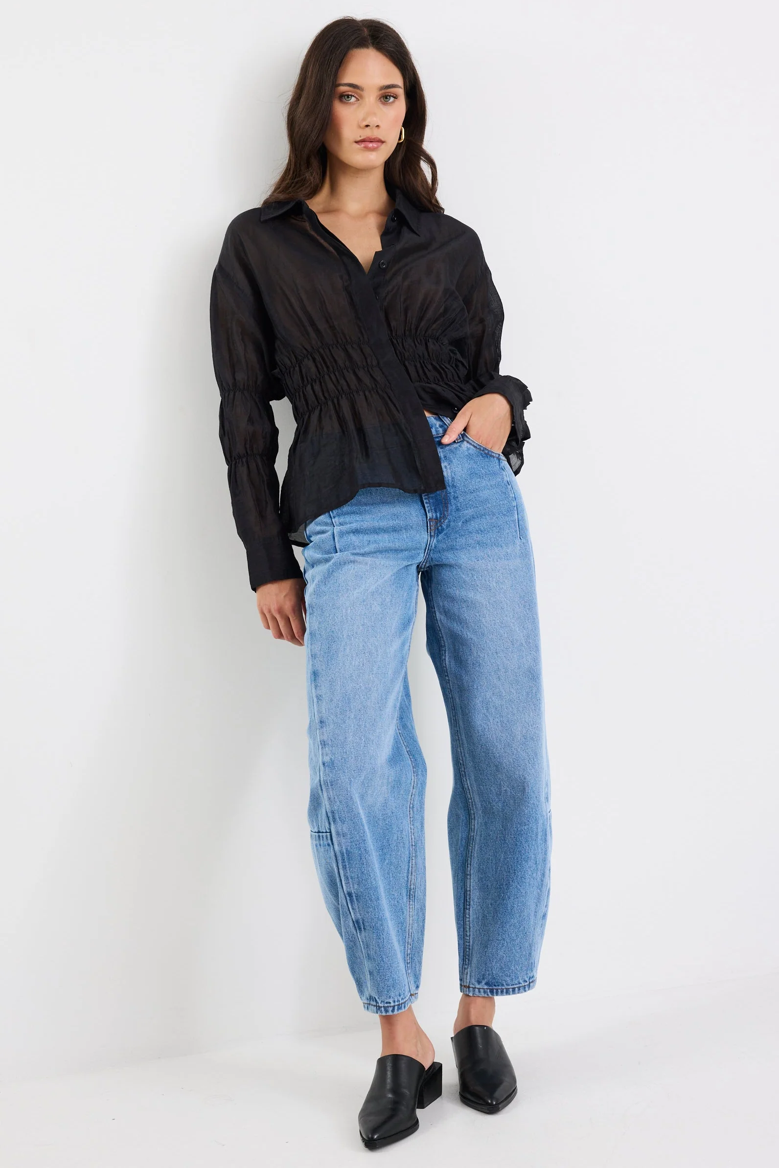 Composite Black Sheer Shirred Body Shirt - Image 4