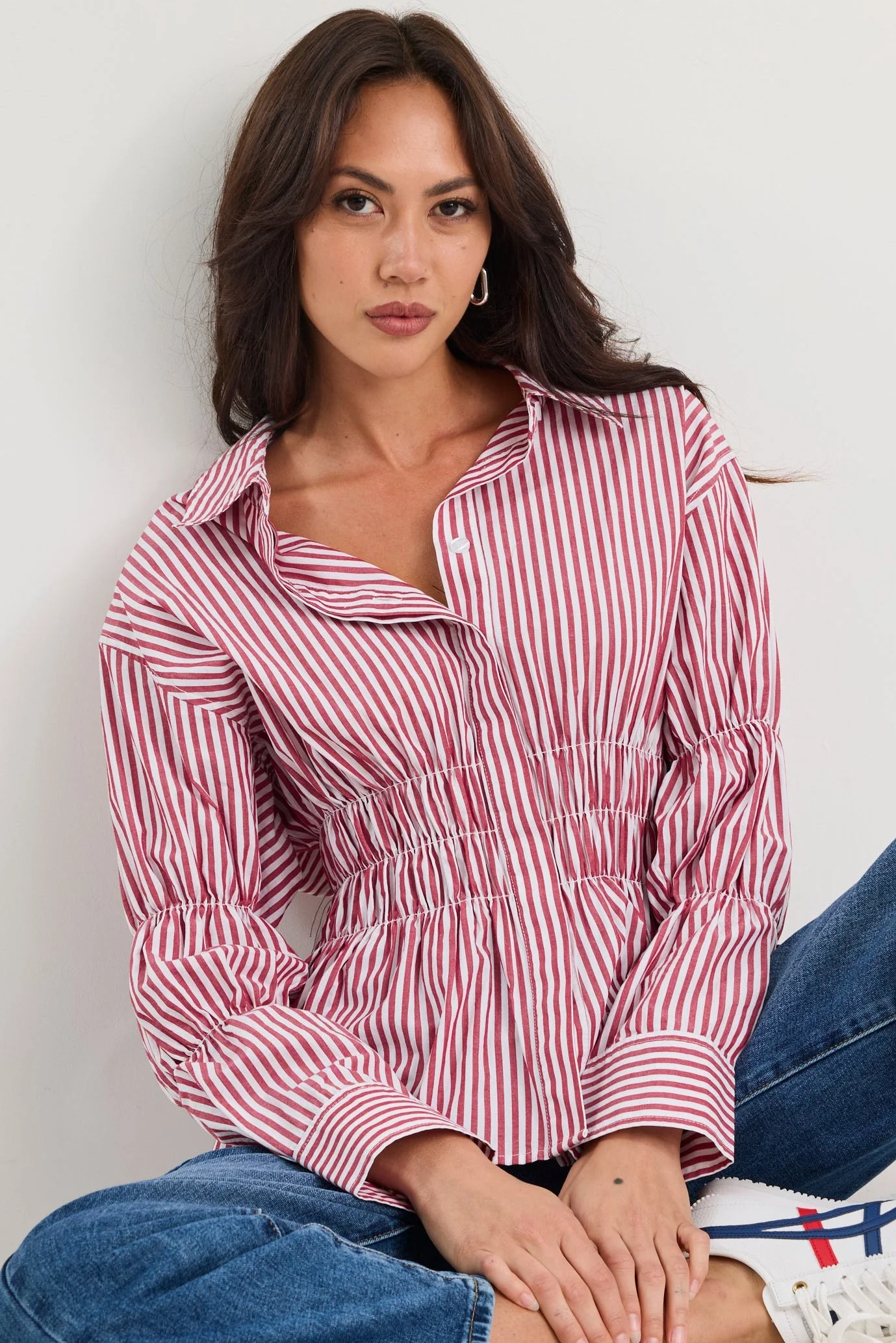 Composite Burgundy Plum Stripe Shirred Body Shirt - Image 3