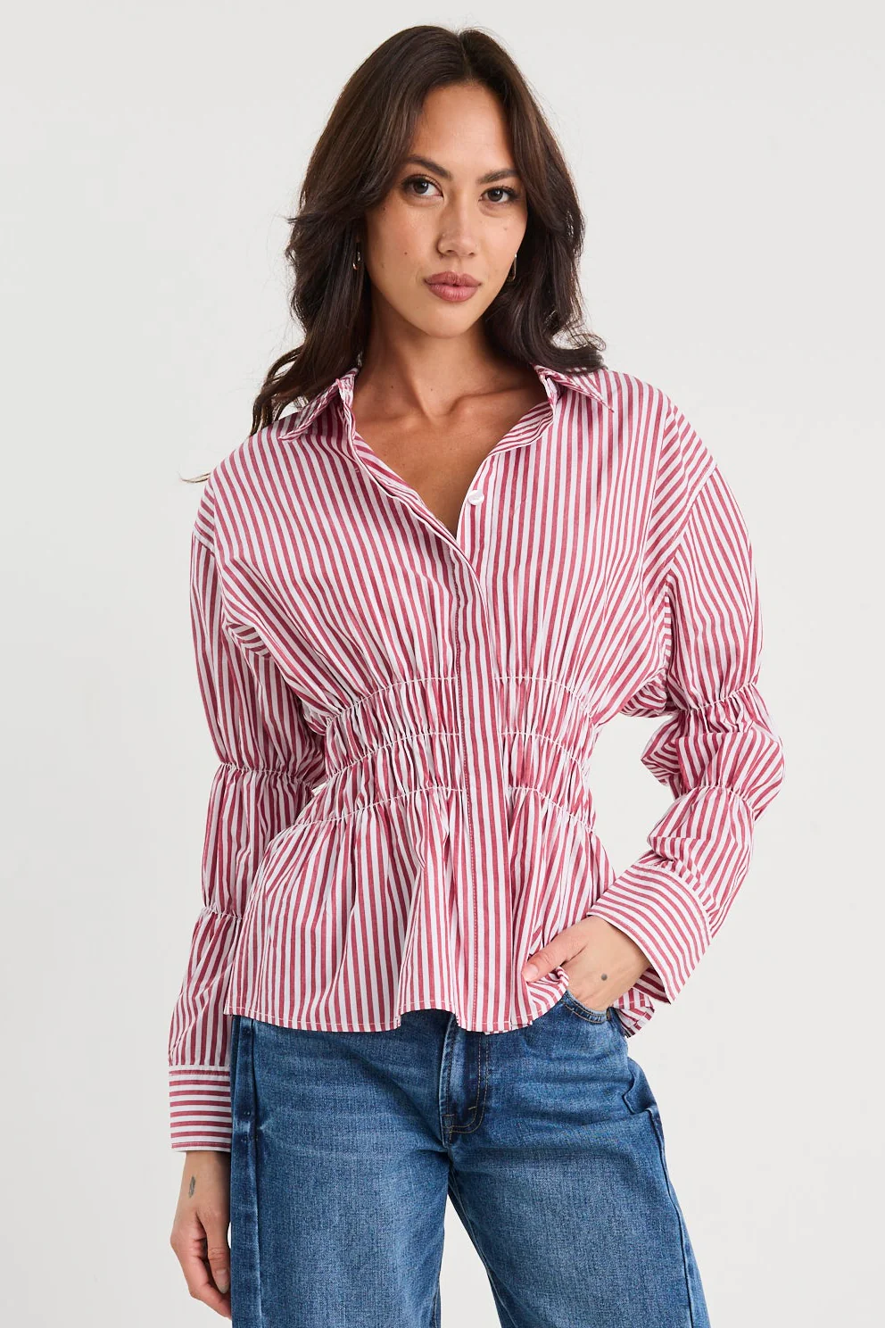 Composite Burgundy Plum Stripe Shirred Body Shirt - Image 4