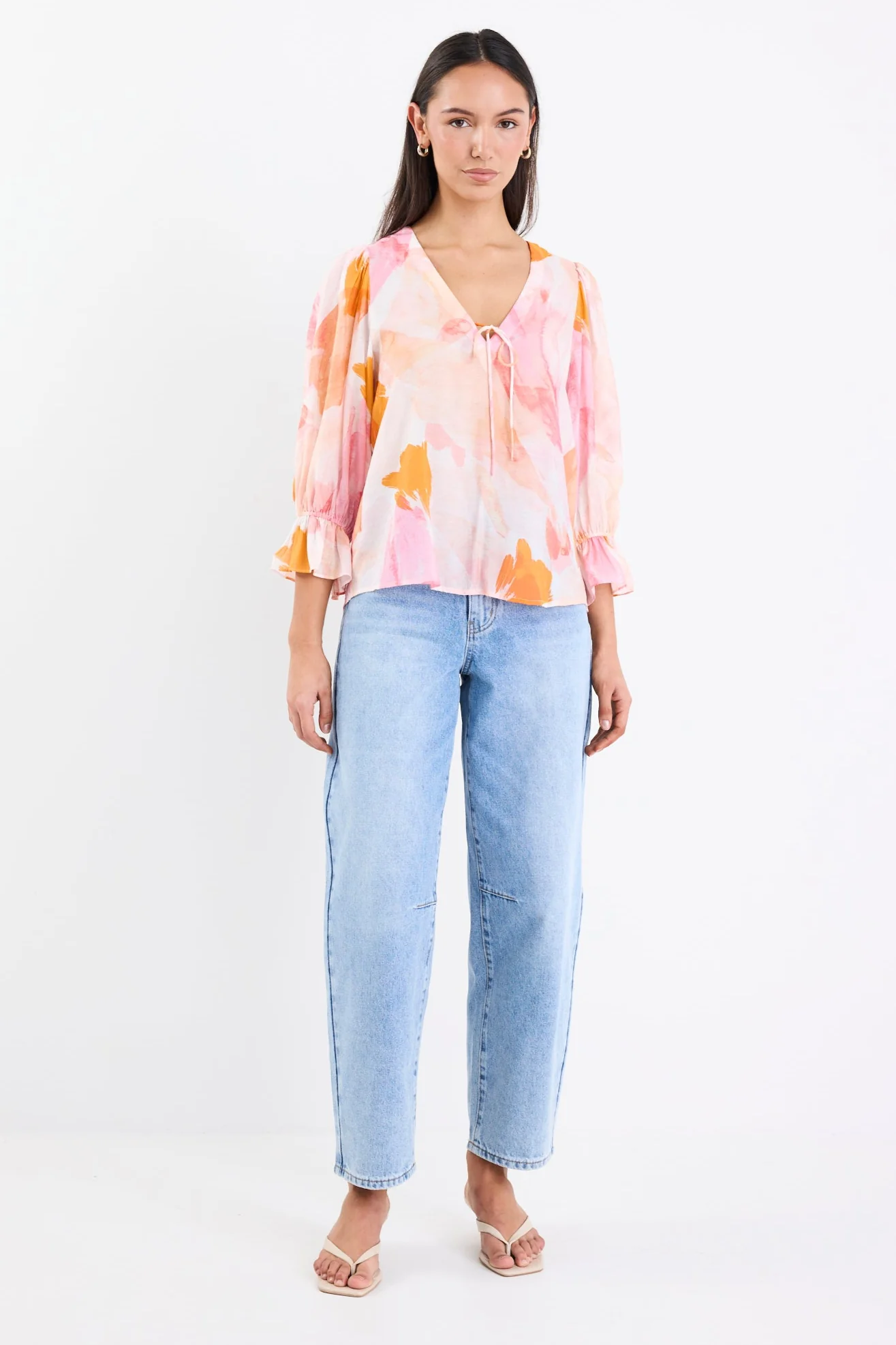 Compulsion Sunset Print V Neck Tie SS Top - Image 3