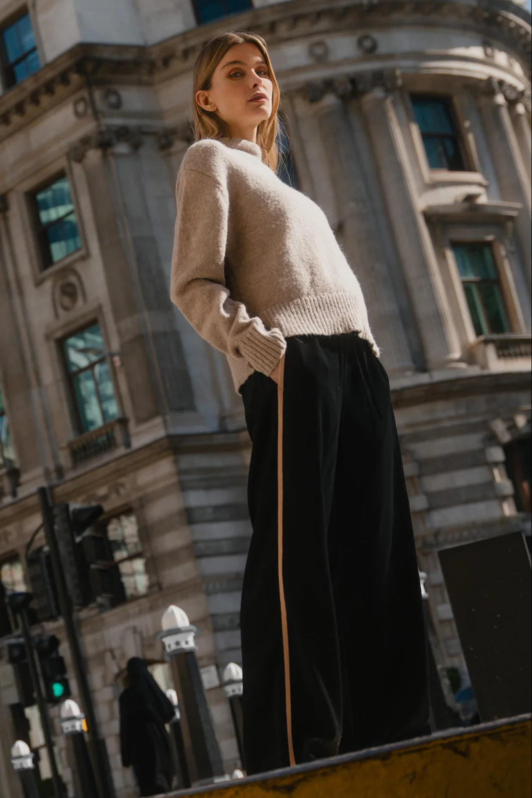 Confidant Black Crepe Camel Side Stripe Wide Pants - Image 2