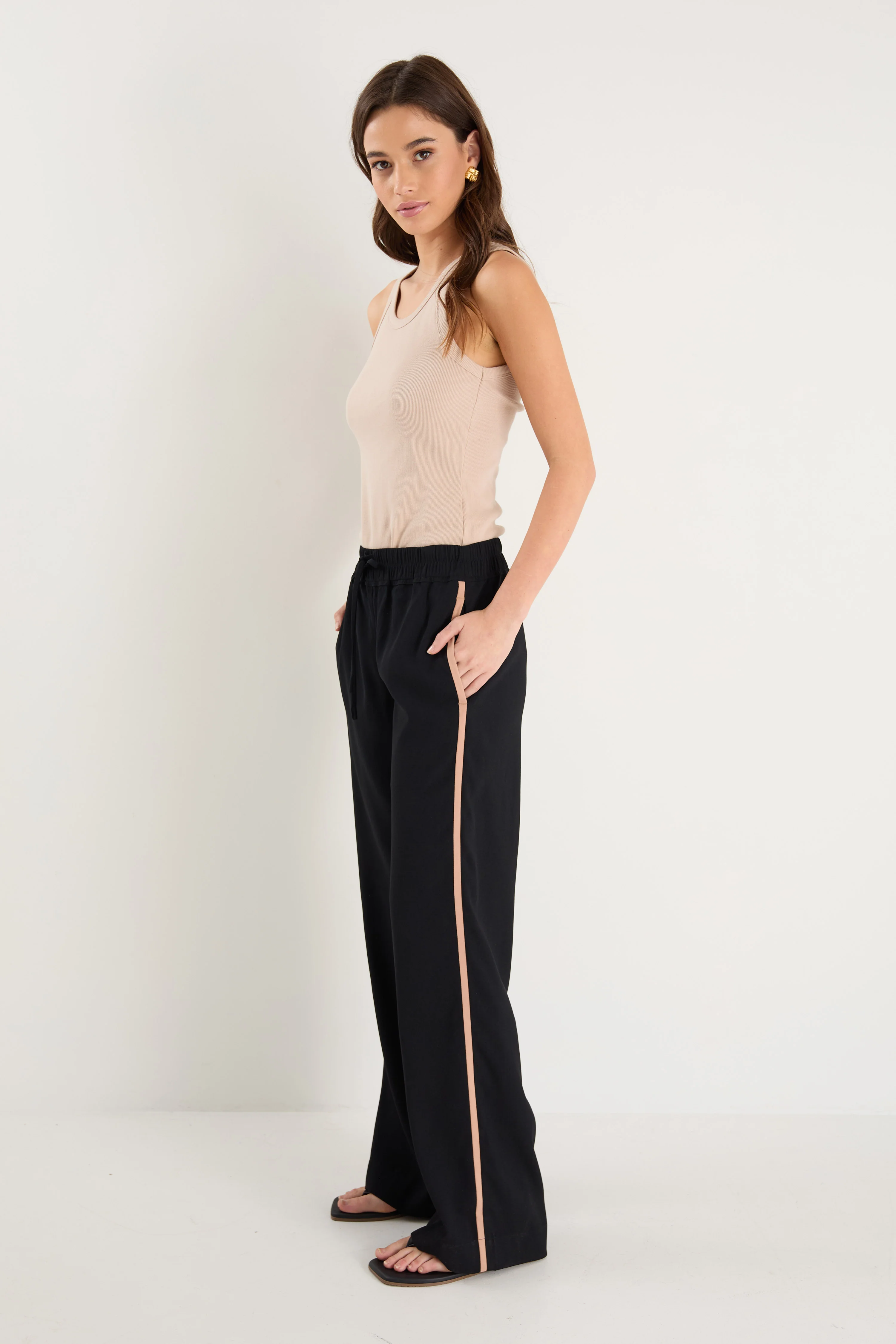 Confidant Black Crepe Camel Side Stripe Wide Pants - Image 3