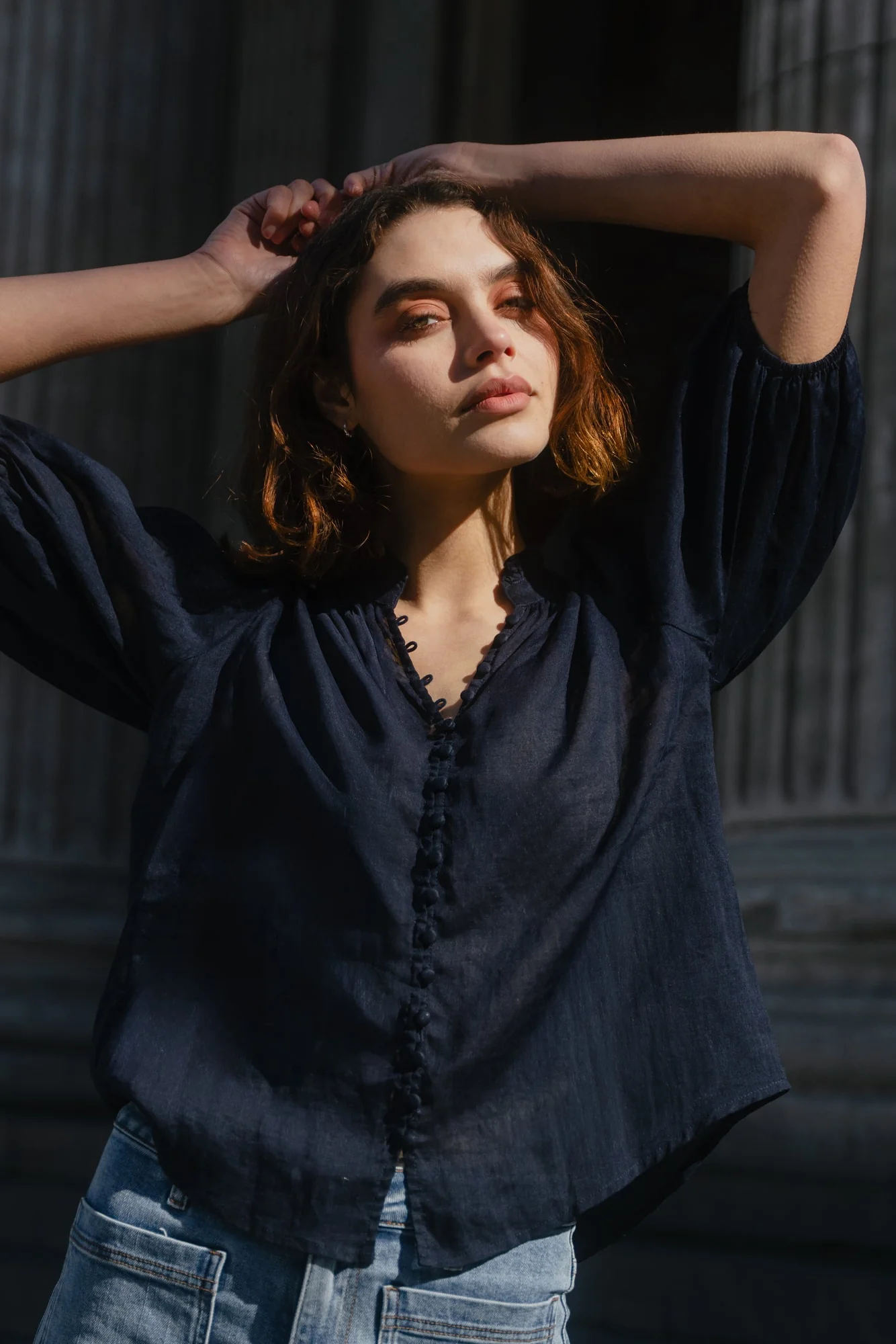Continuance Navy Ramie High Neck Buttoned SS Top - Image 2