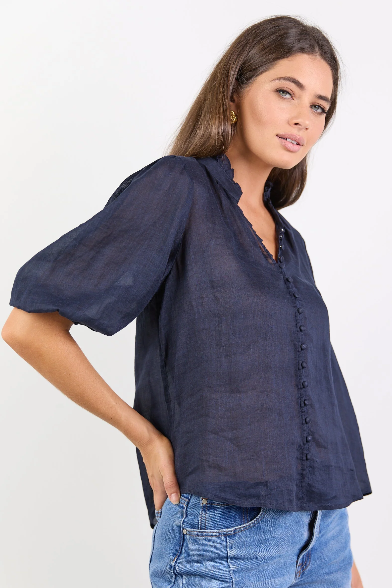 Continuance Navy Ramie High Neck Buttoned SS Top - Image 5