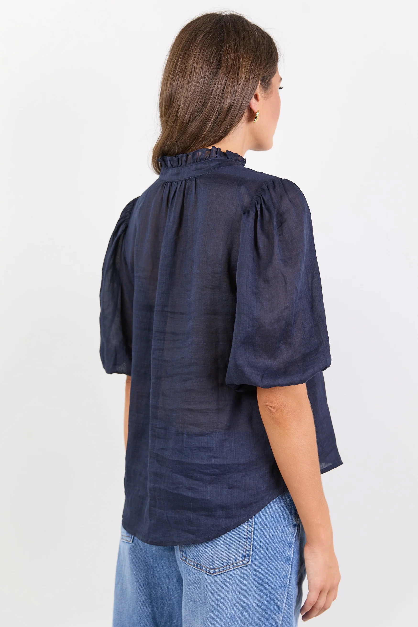 Continuance Navy Ramie High Neck Buttoned SS Top - Image 6