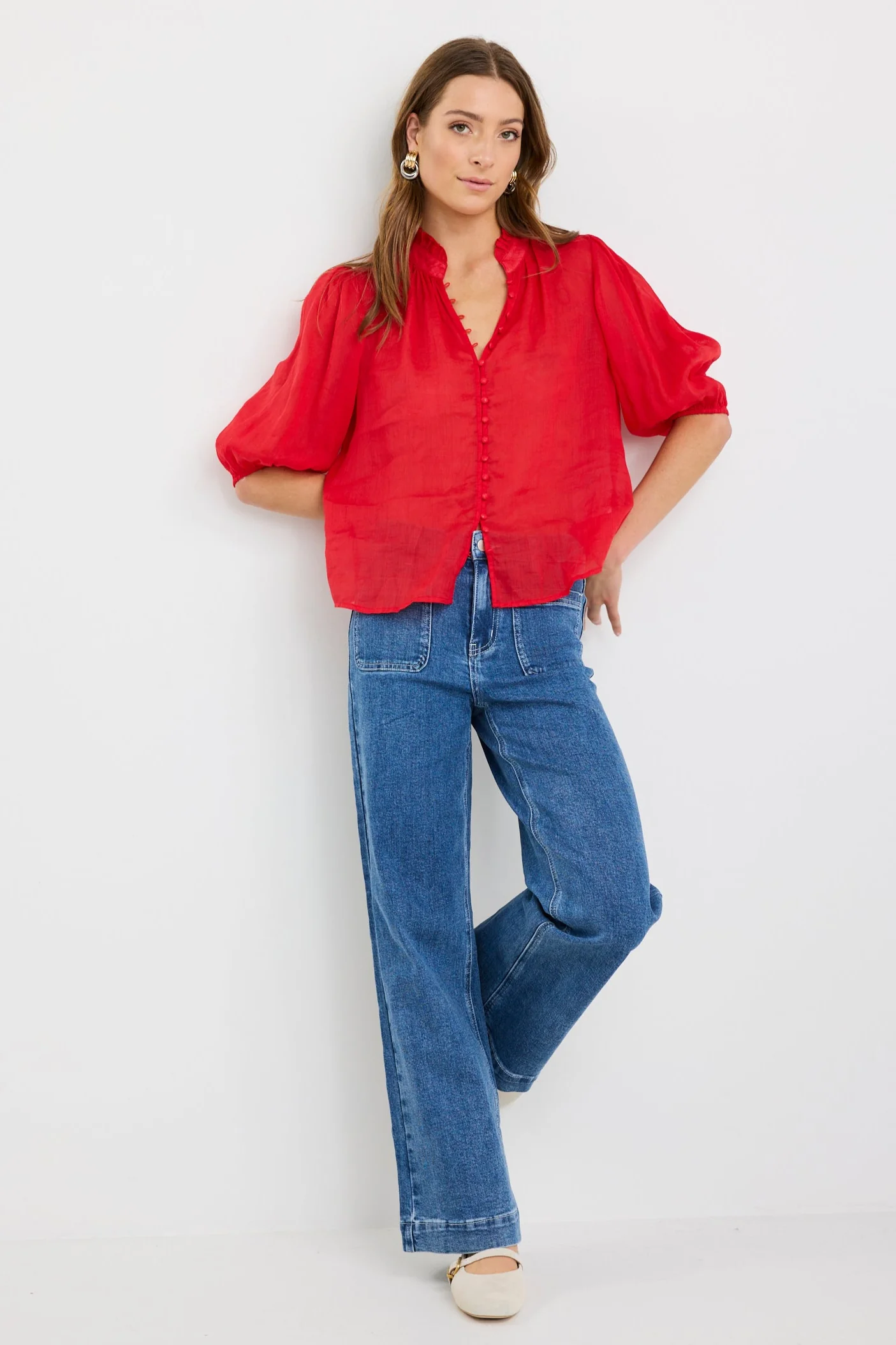 Continuance Poppy Ramie High Neck Buttoned SS Top - Image 3