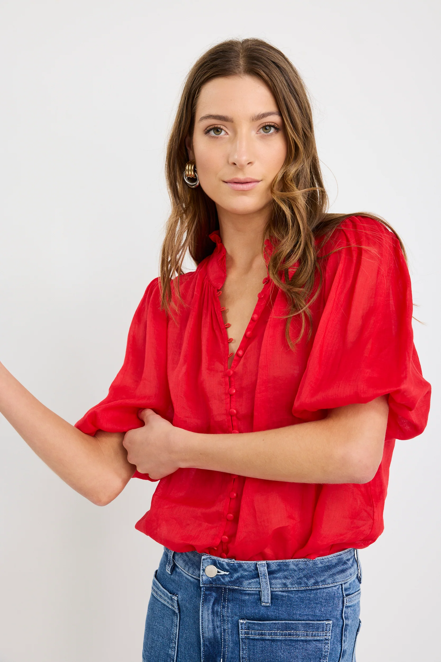 Continuance Poppy Ramie High Neck Buttoned SS Top - Image 4