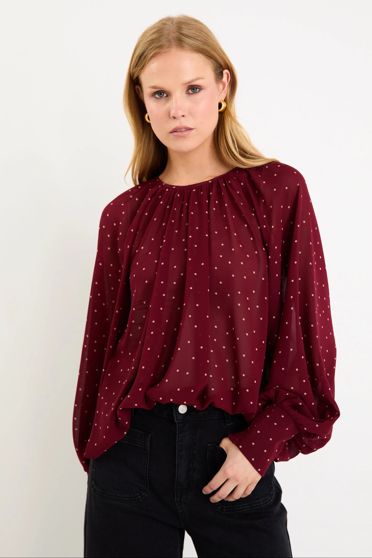 Cosmopolitan Burgundy Polka Dot Crew Neck Floaty LS Top - Image 2
